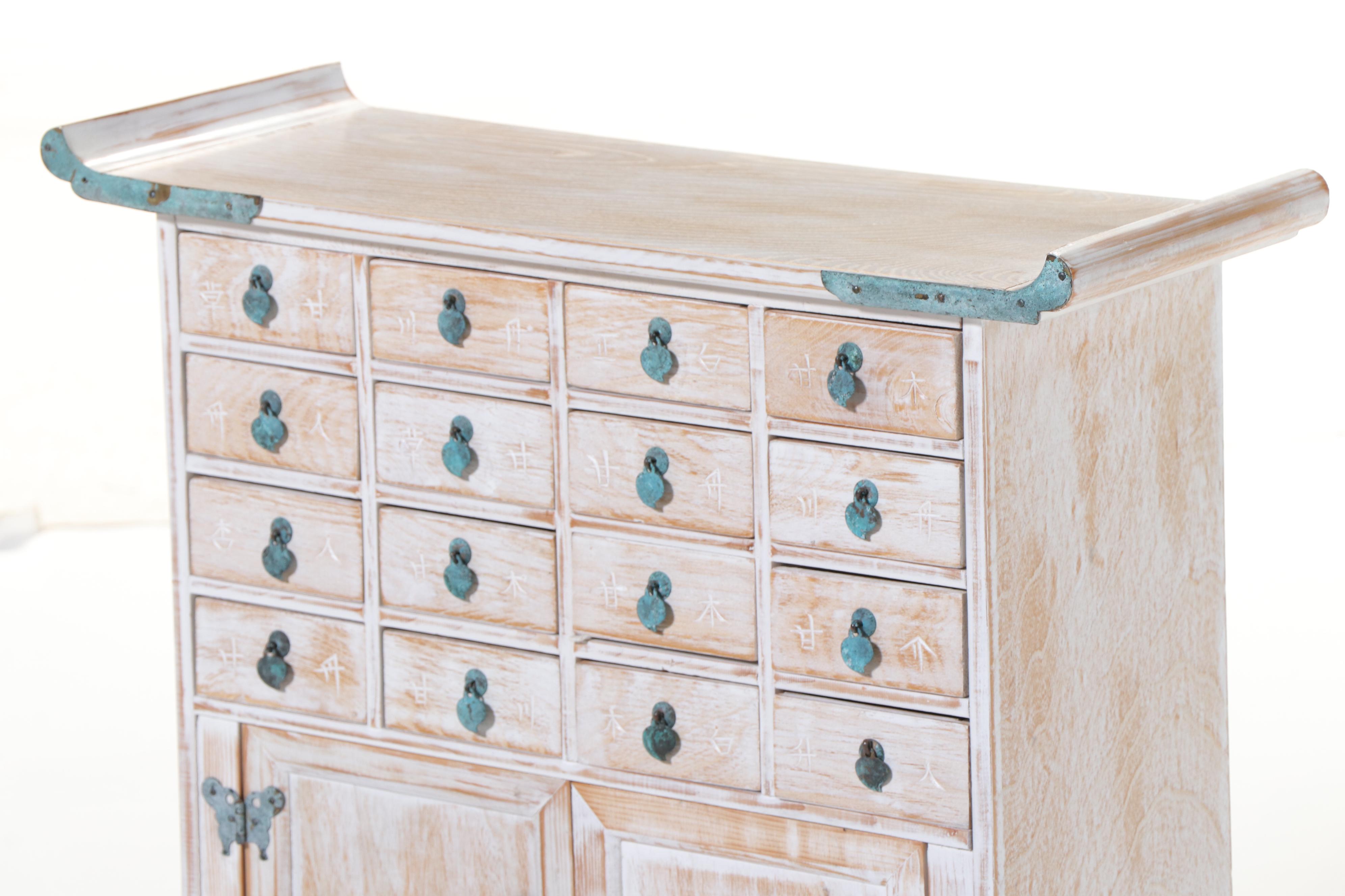 Korean Cerused Wood and Verdigris-Patinated Metal Apothecary Cabinet