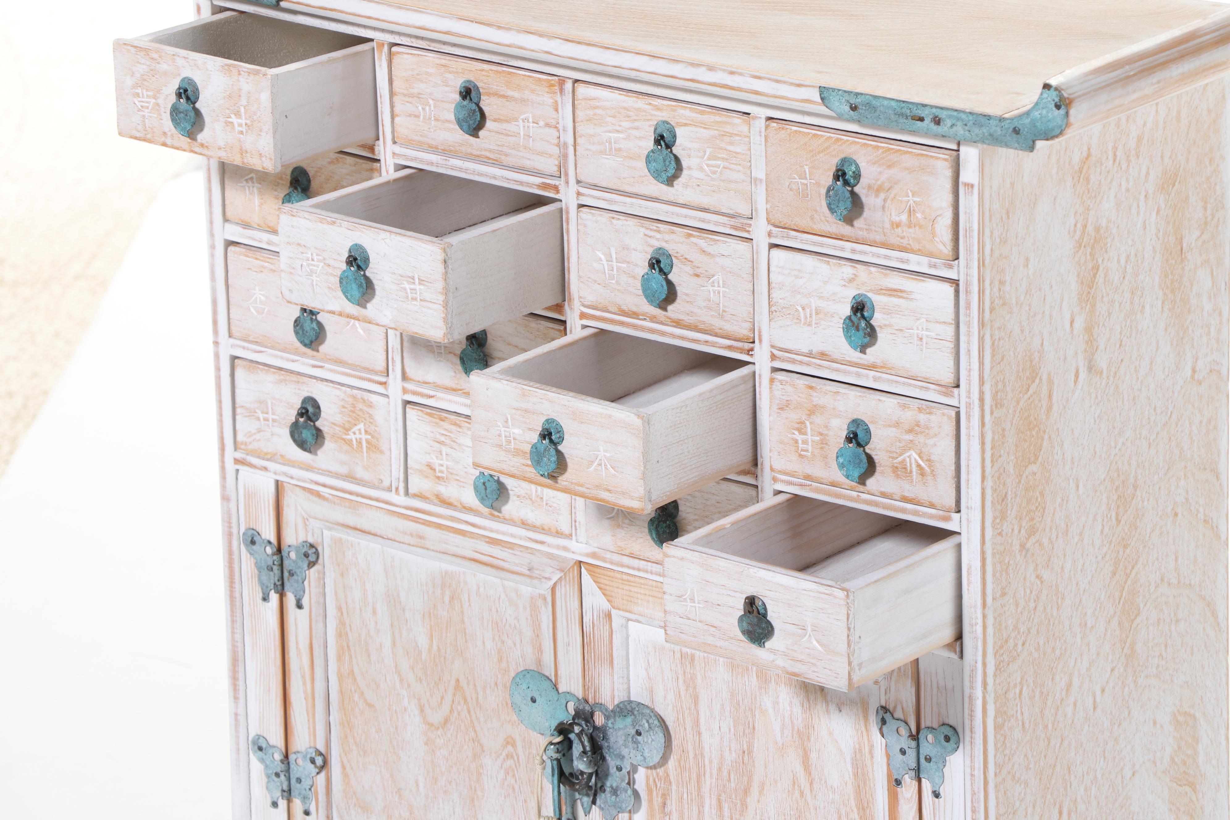 Korean Cerused Wood and Verdigris-Patinated Metal Apothecary Cabinet