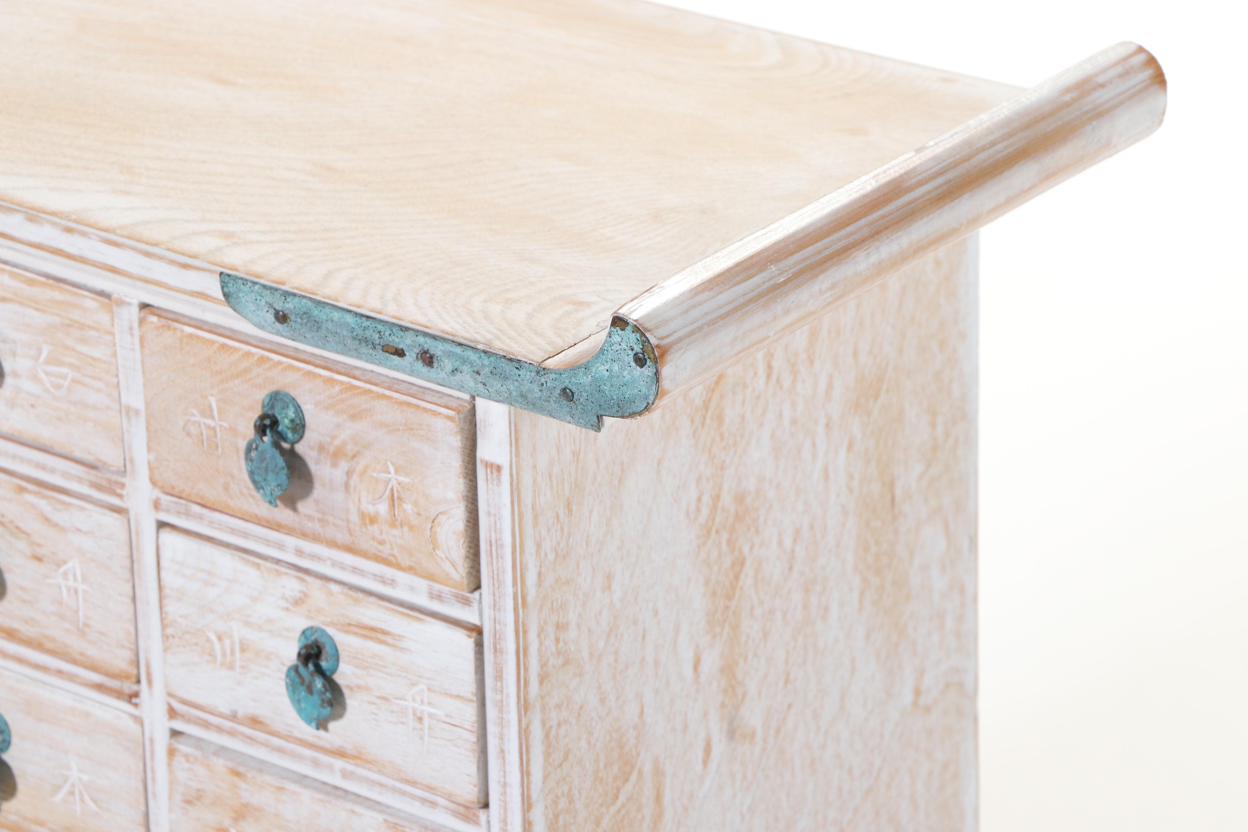 Korean Cerused Wood and Verdigris-Patinated Metal Apothecary Cabinet
