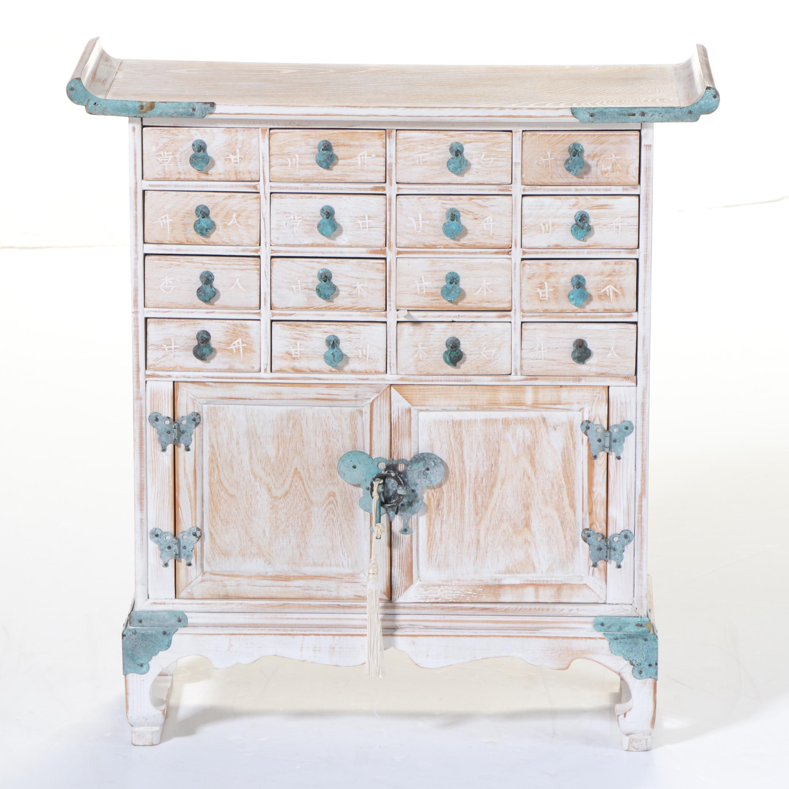 Korean Cerused Wood and Verdigris-Patinated Metal Apothecary Cabinet