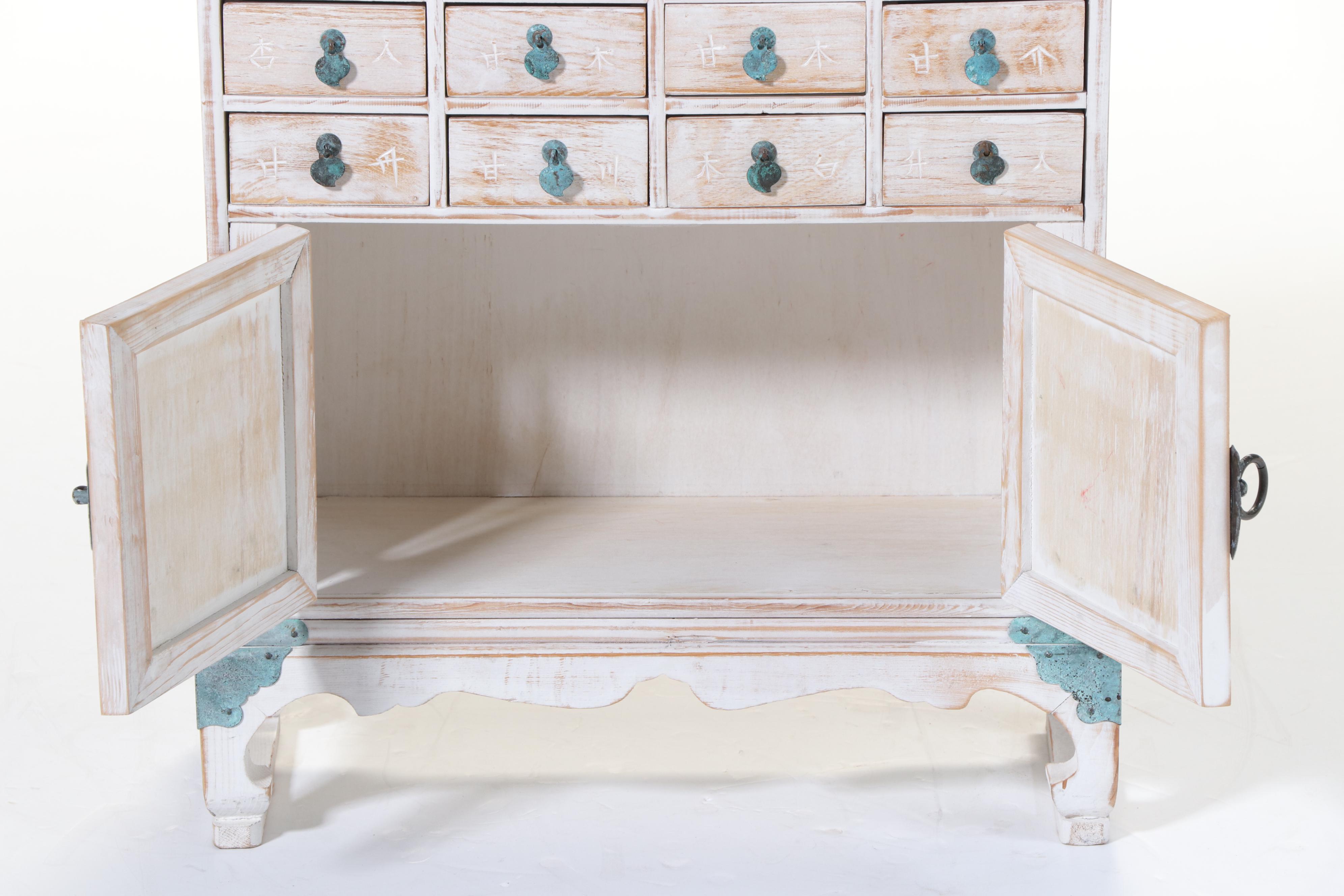 Korean Cerused Wood and Verdigris-Patinated Metal Apothecary Cabinet