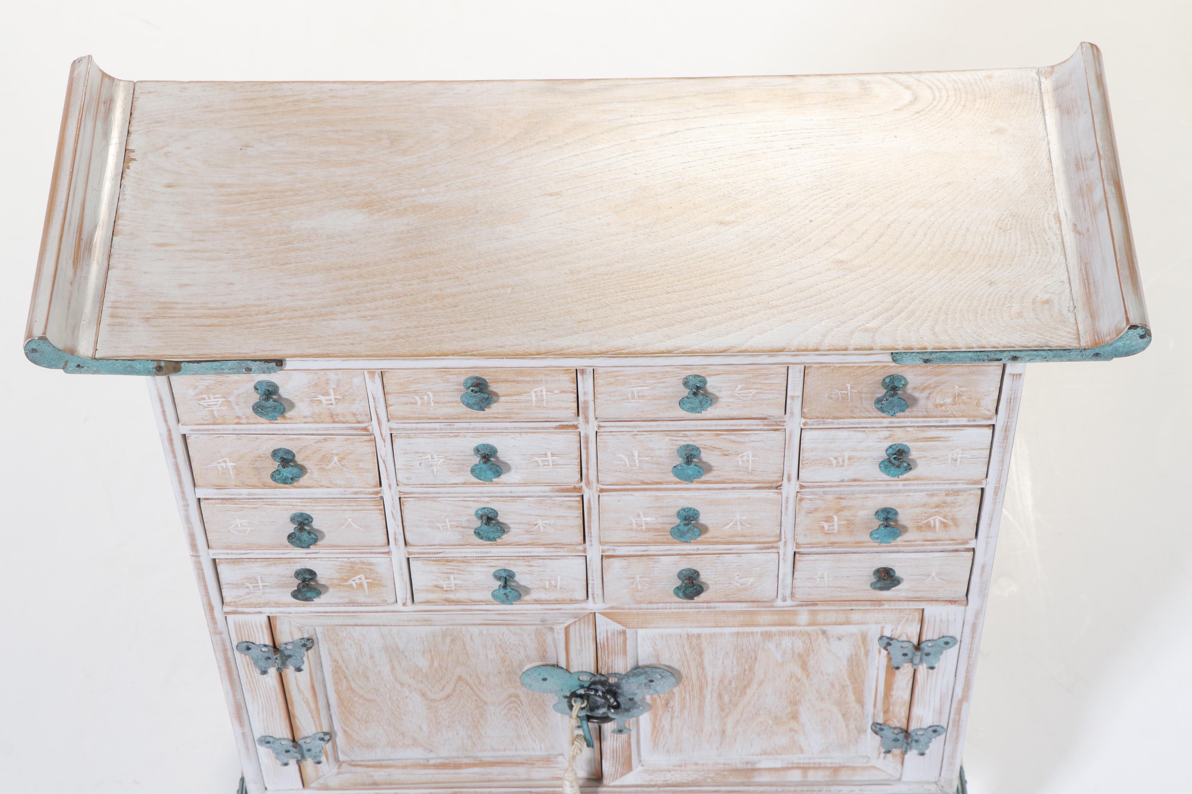 Korean Cerused Wood and Verdigris-Patinated Metal Apothecary Cabinet