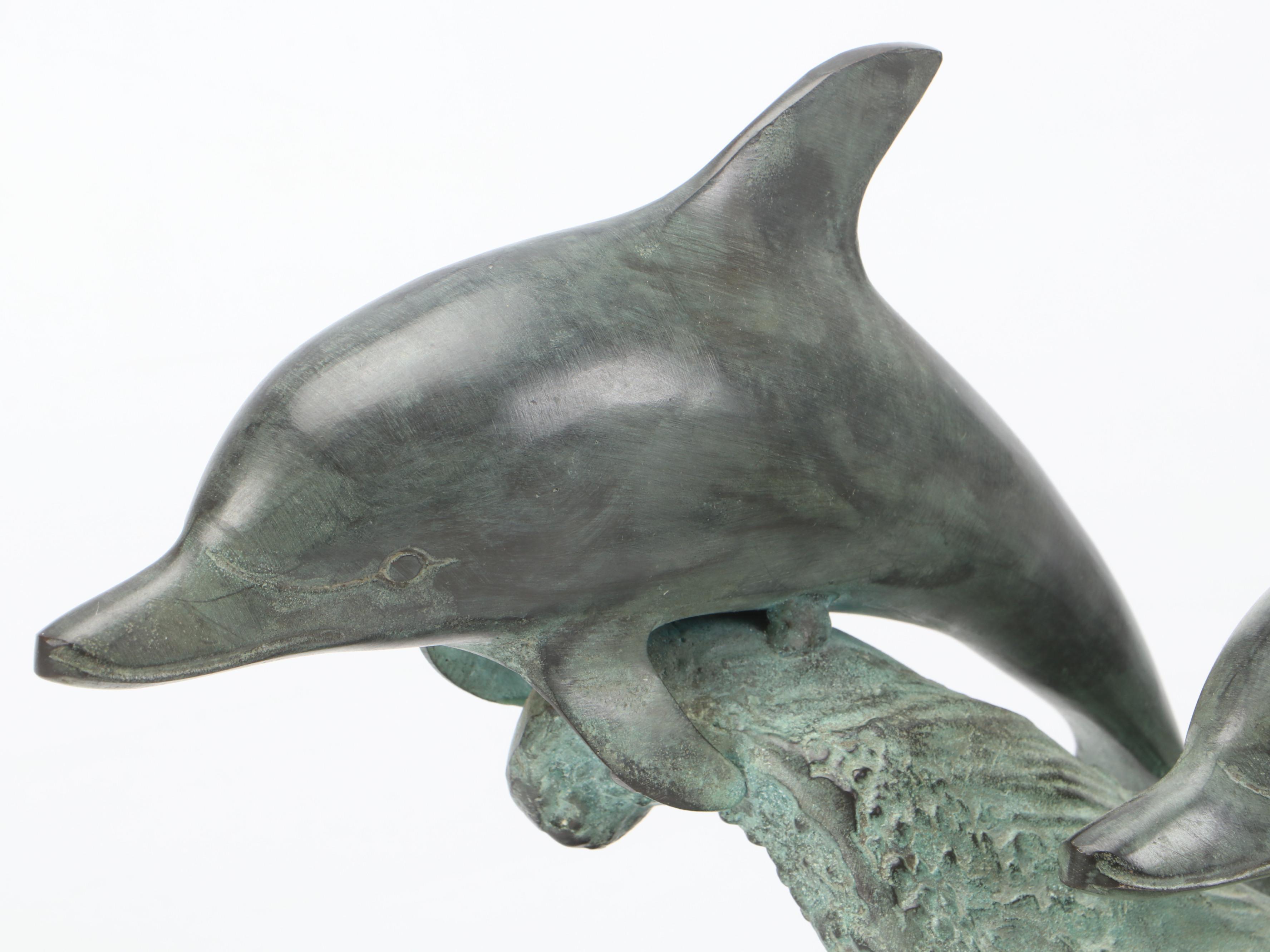 San Pacific International Metal Dolphins on Wood Base