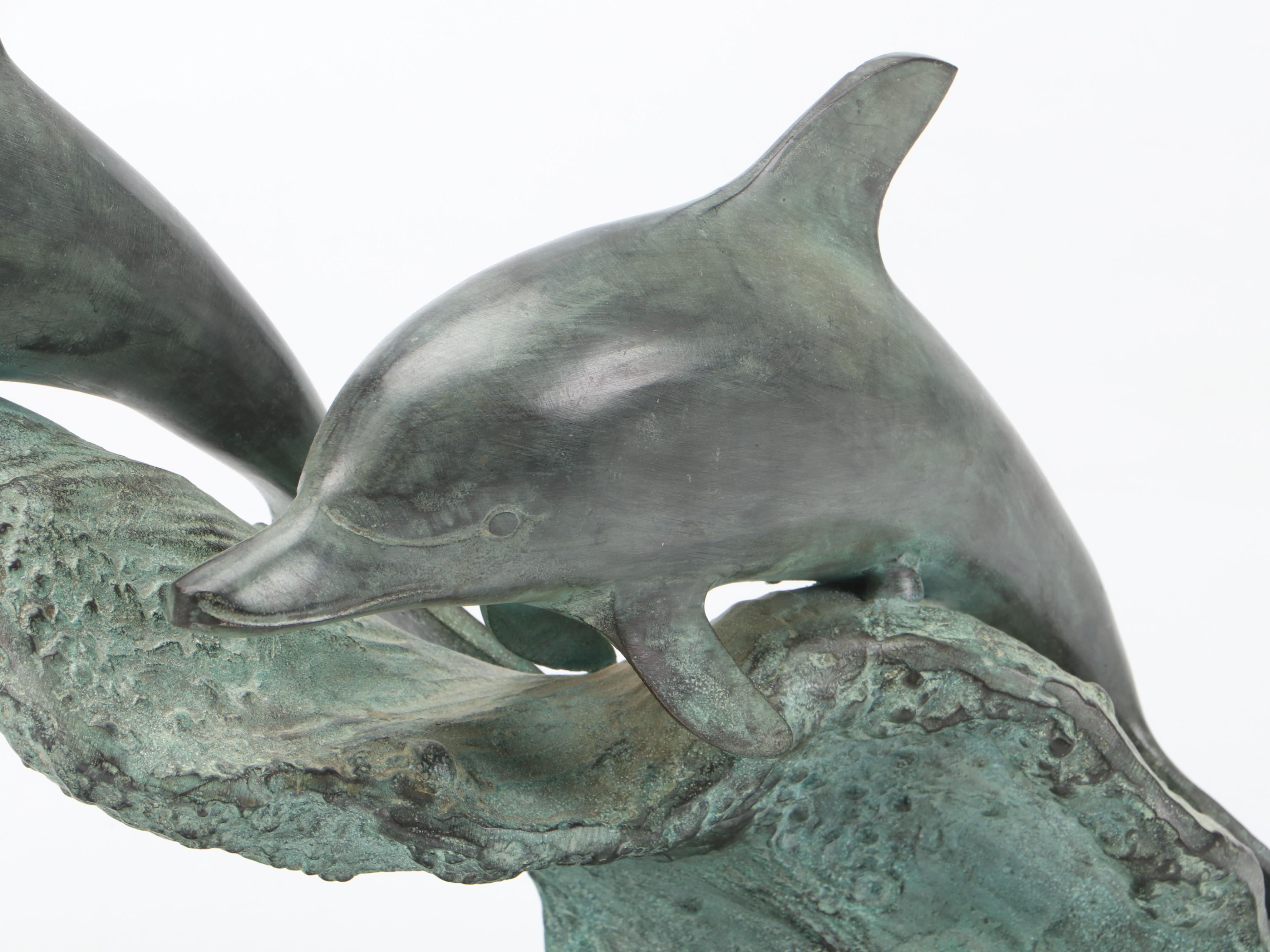 San Pacific International Metal Dolphins on Wood Base