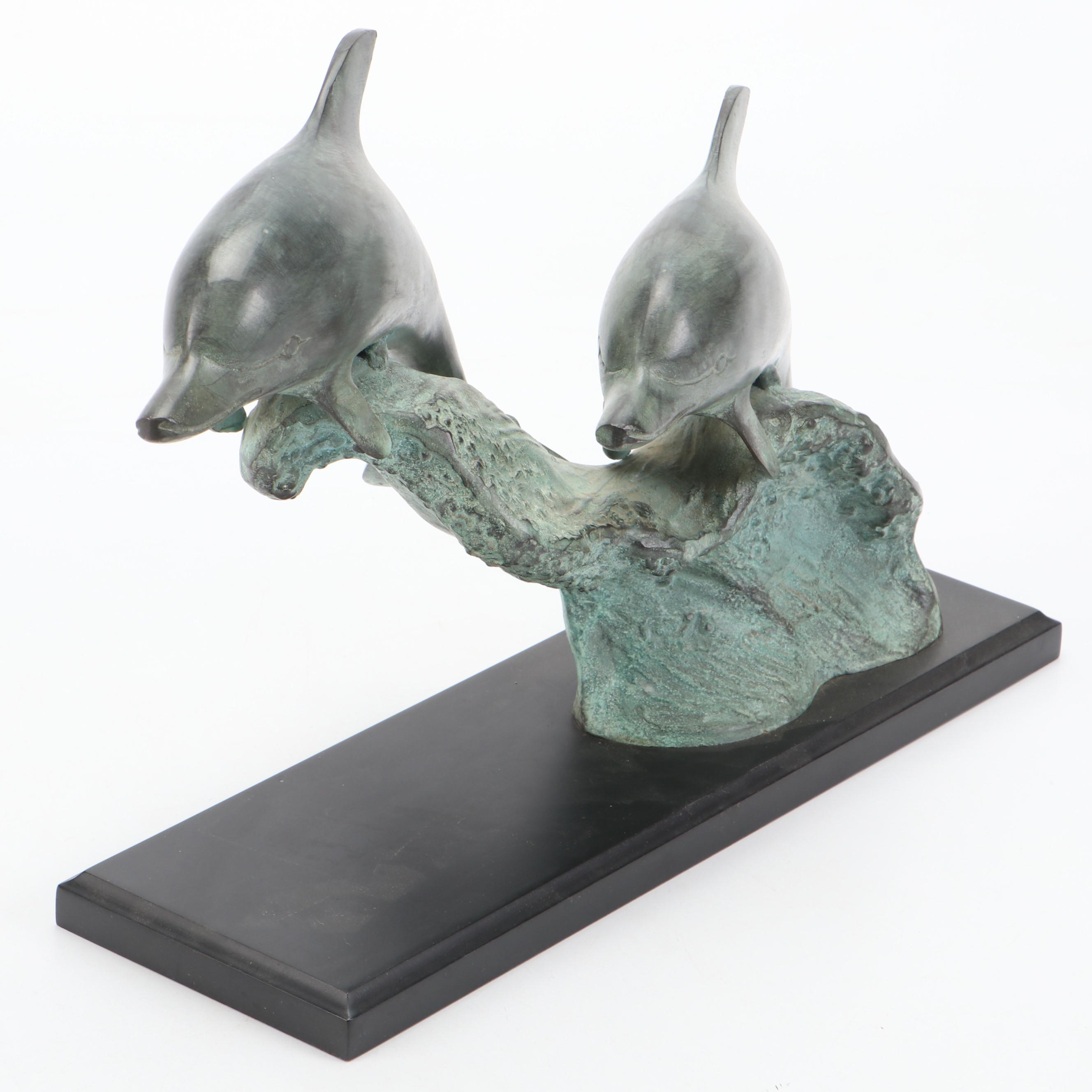 San Pacific International Metal Dolphins on Wood Base