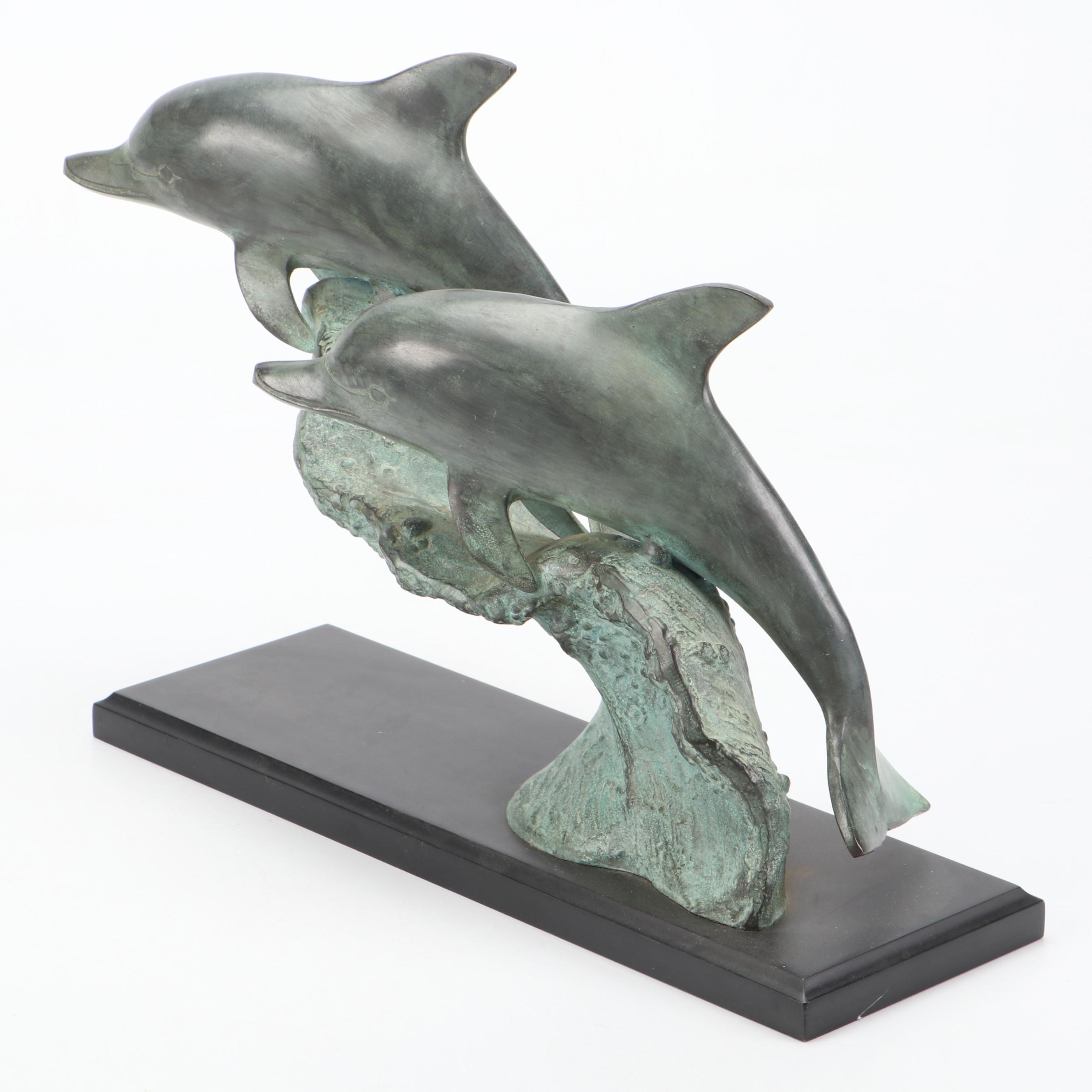 San Pacific International Metal Dolphins on Wood Base