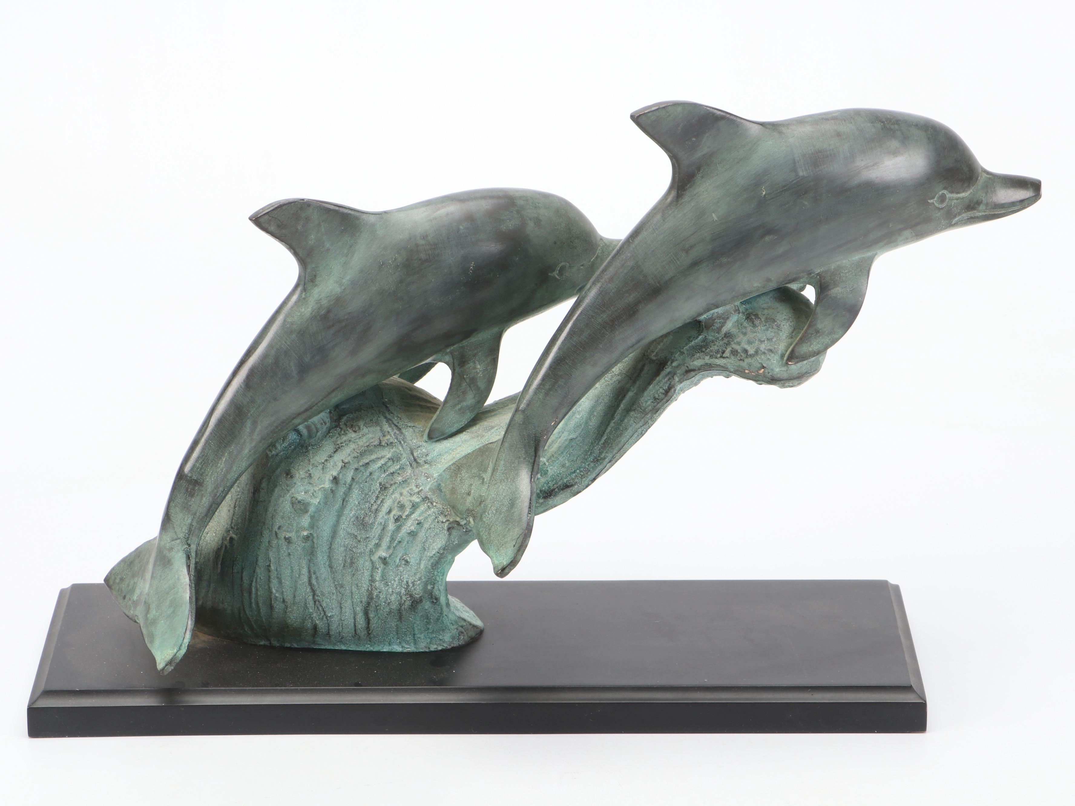 San Pacific International Metal Dolphins on Wood Base