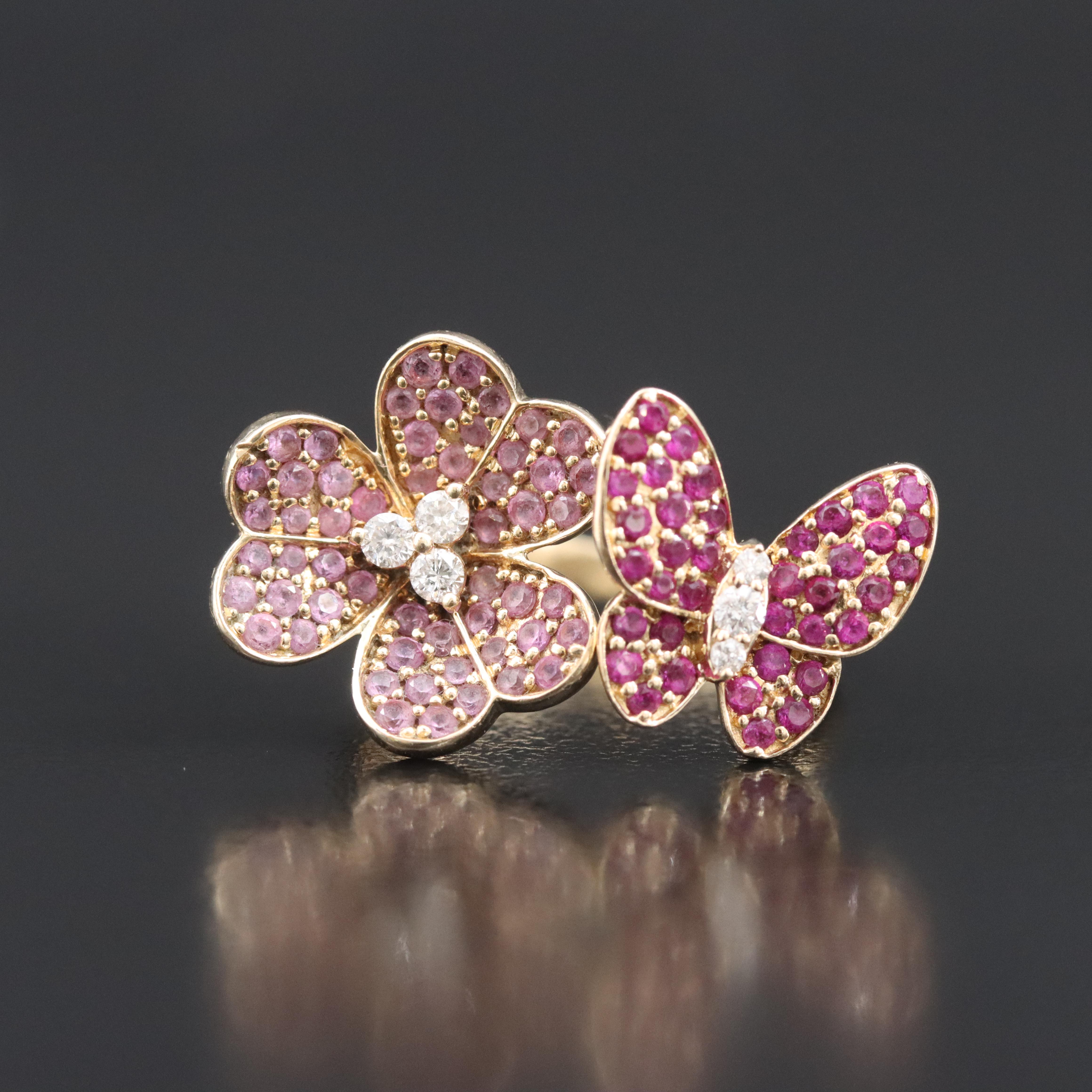14K Diamond, Ruby and Pink Sapphire Butterfly and Flower Ring