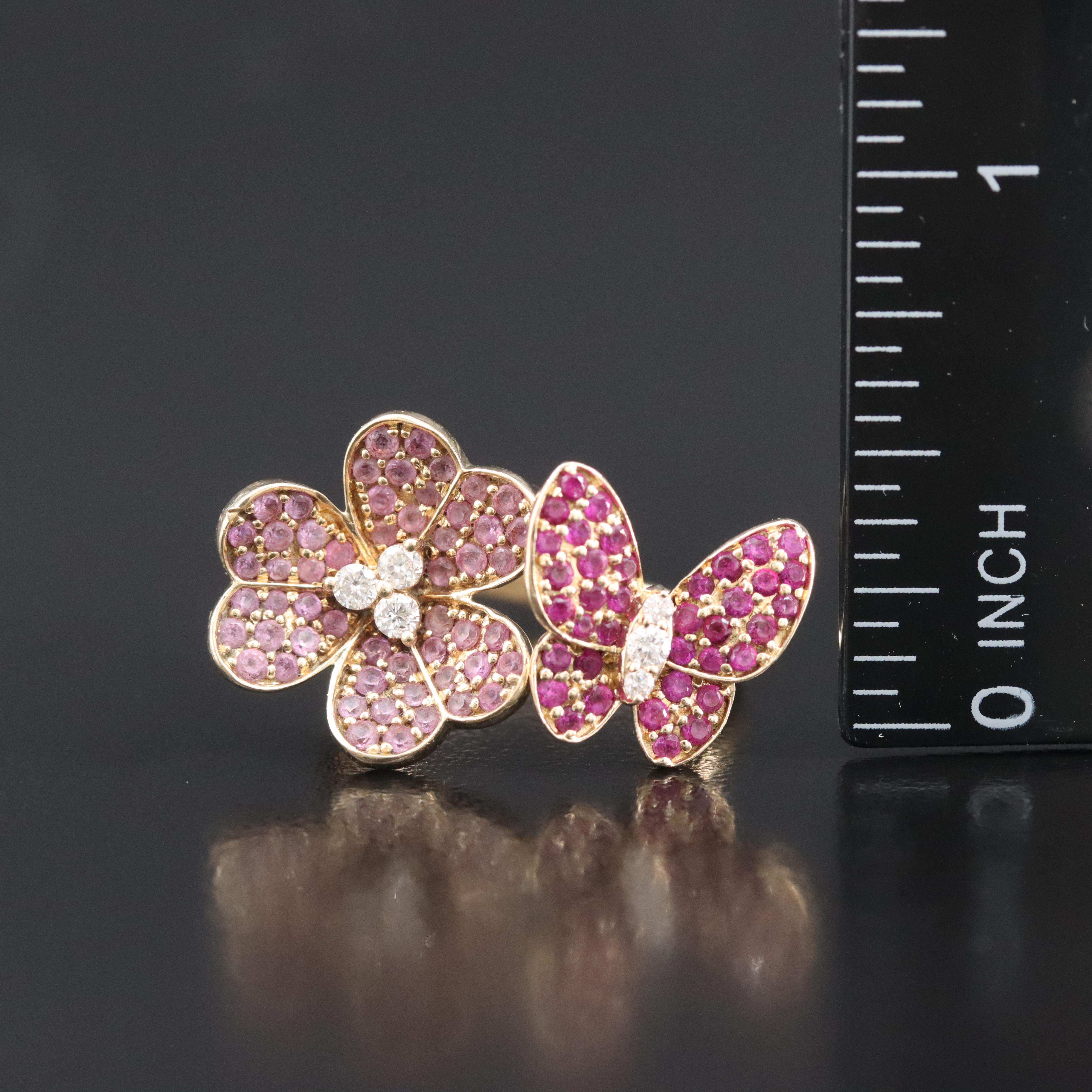 14K Diamond, Ruby and Pink Sapphire Butterfly and Flower Ring