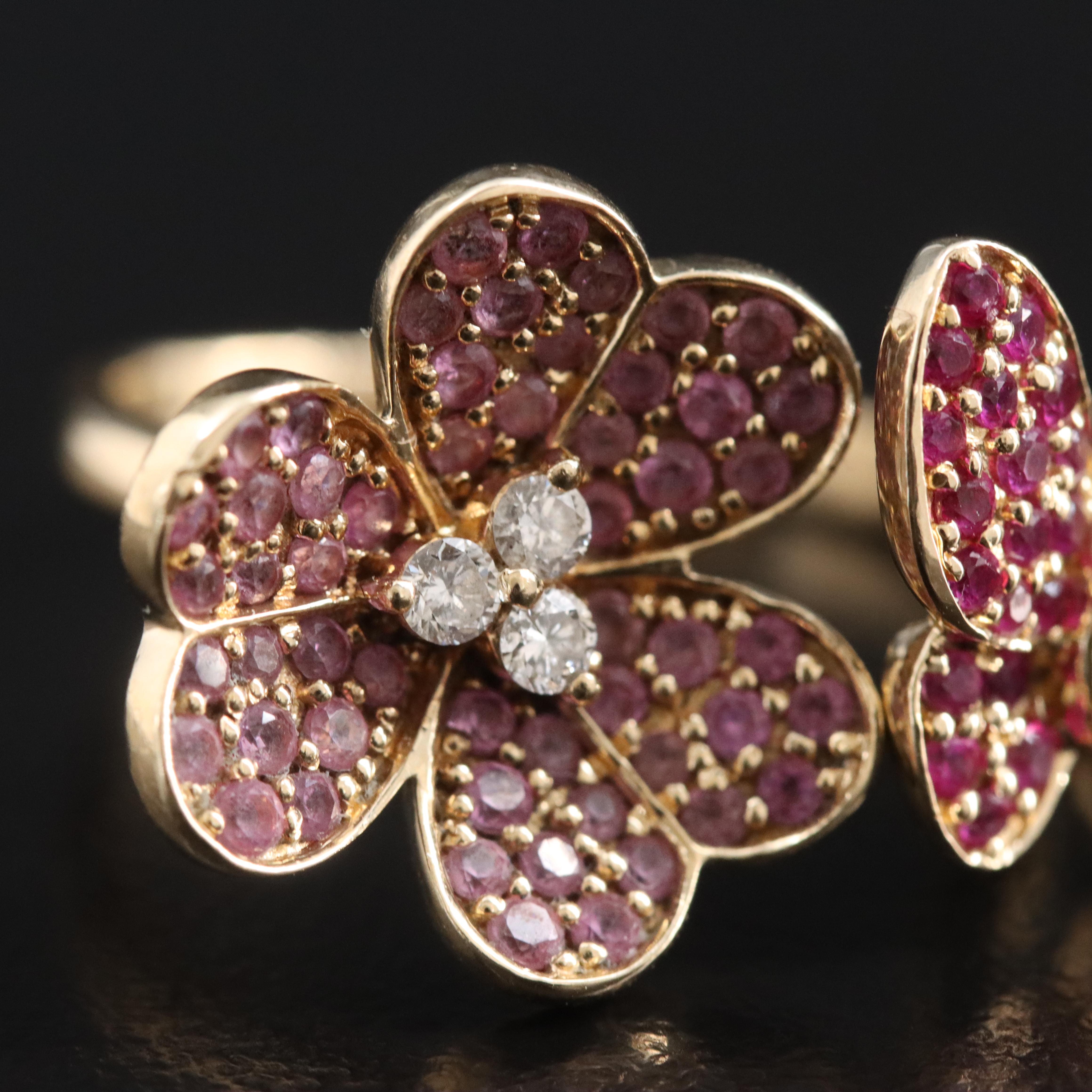 14K Diamond, Ruby and Pink Sapphire Butterfly and Flower Ring