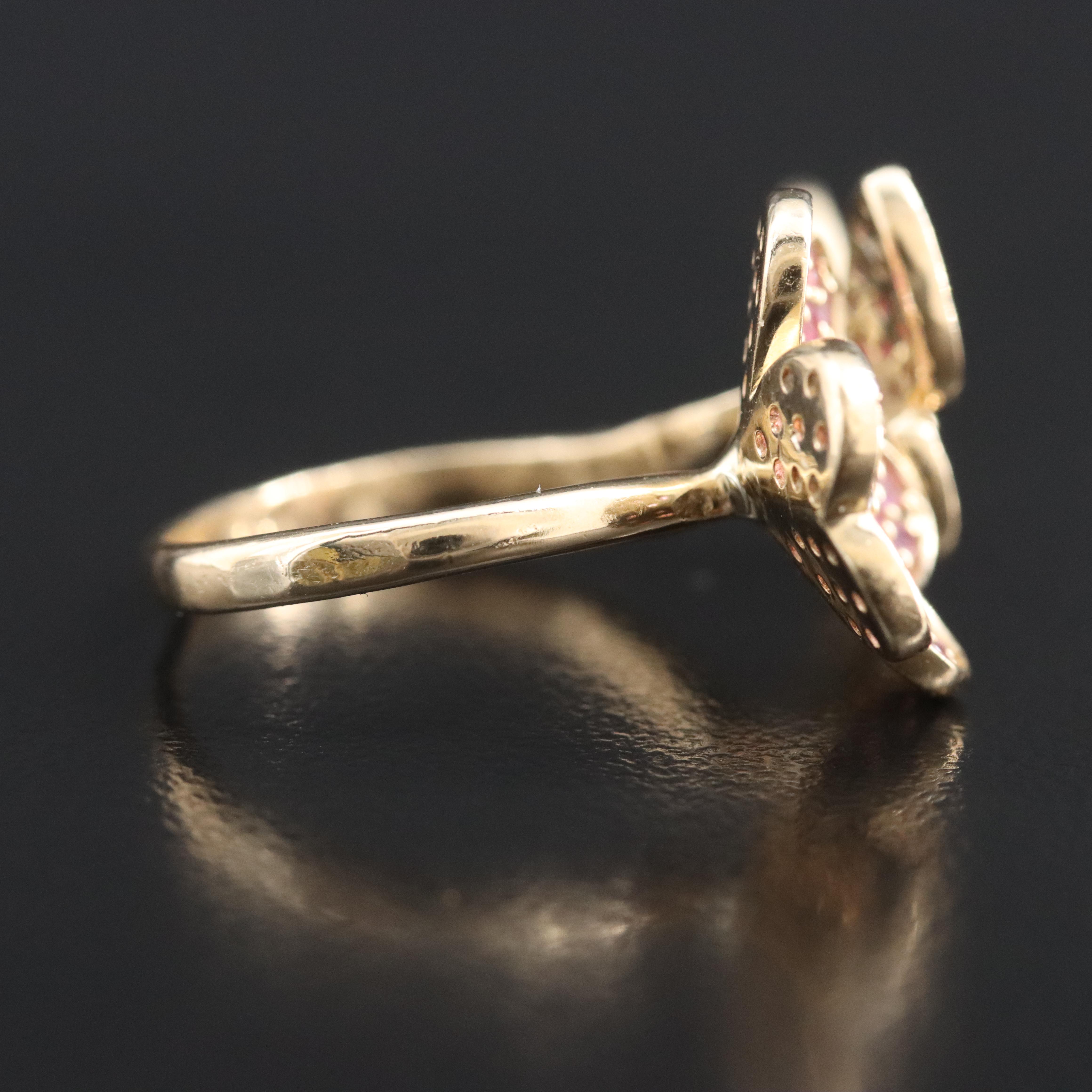 14K Diamond, Ruby and Pink Sapphire Butterfly and Flower Ring