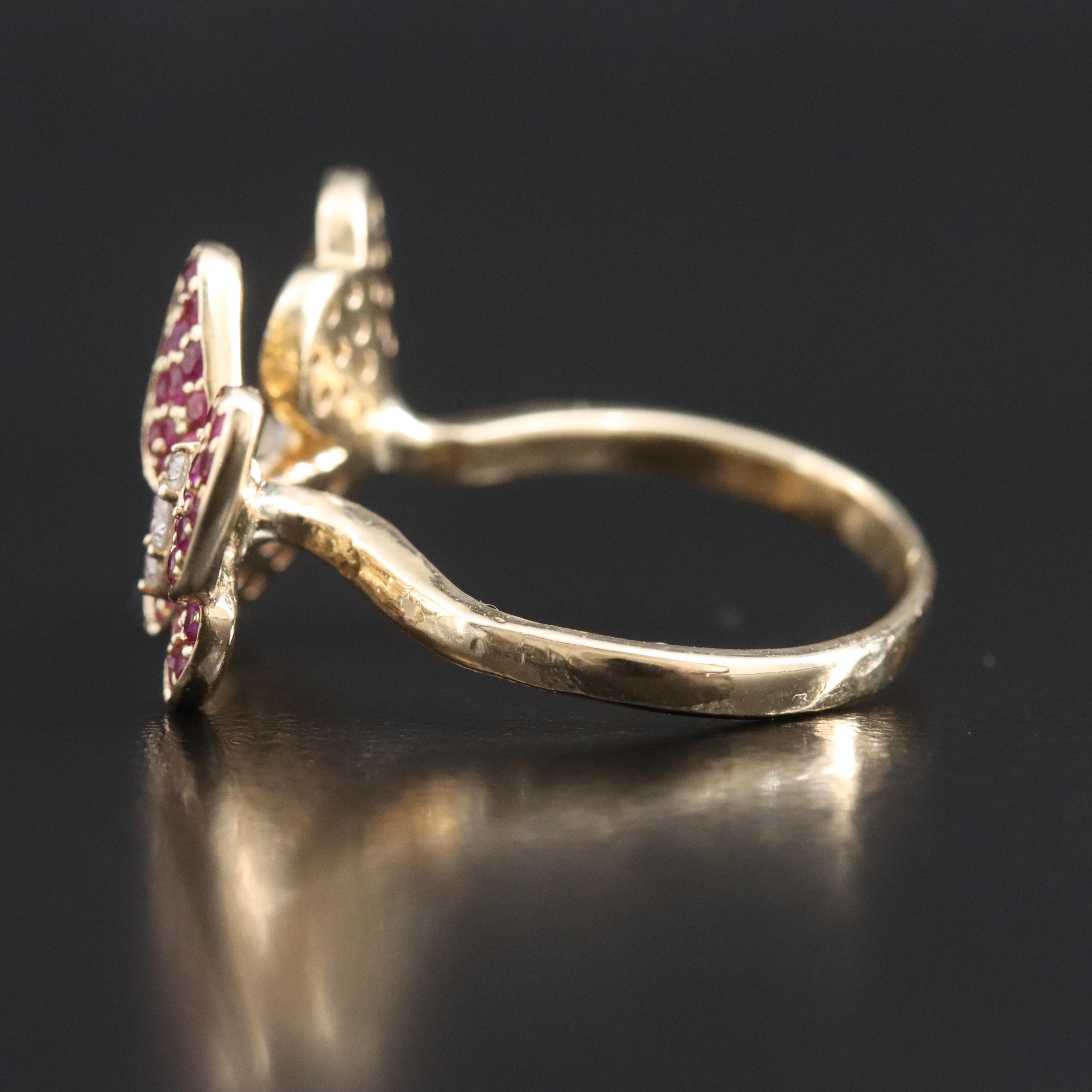 14K Diamond, Ruby and Pink Sapphire Butterfly and Flower Ring