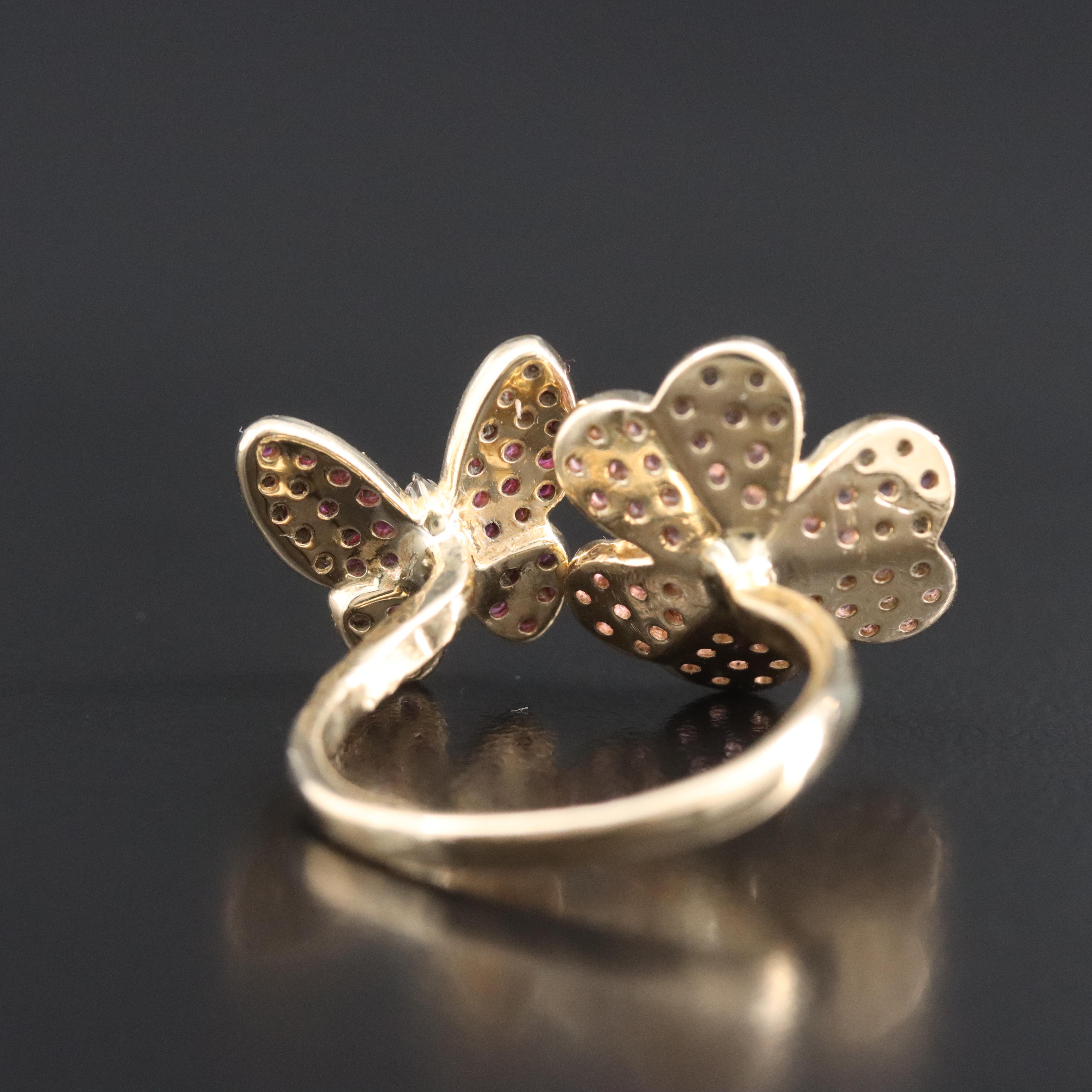 14K Diamond, Ruby and Pink Sapphire Butterfly and Flower Ring