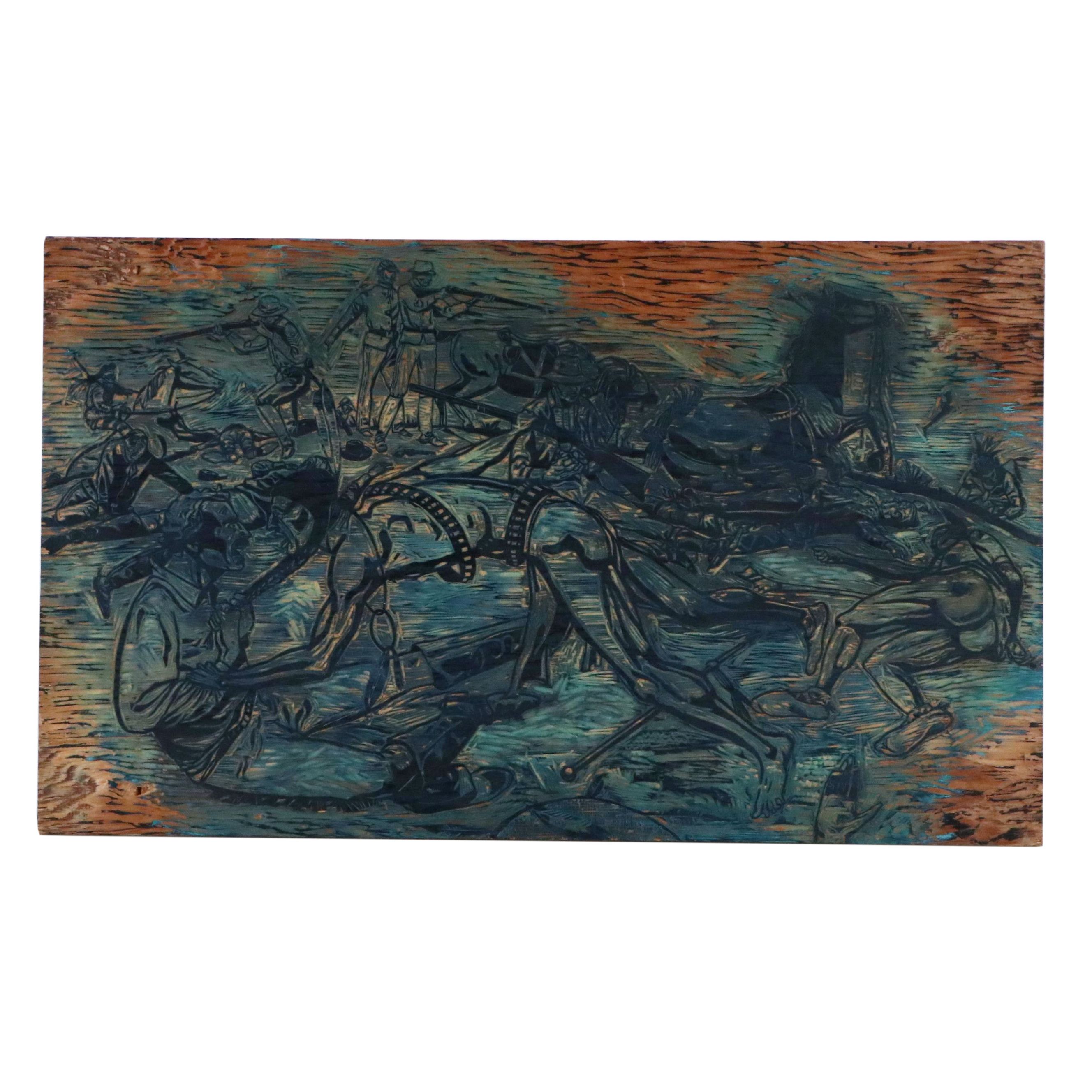 Western Engraved Wood Panel for "Custer Trying to Bite Off White Bull's Nose"