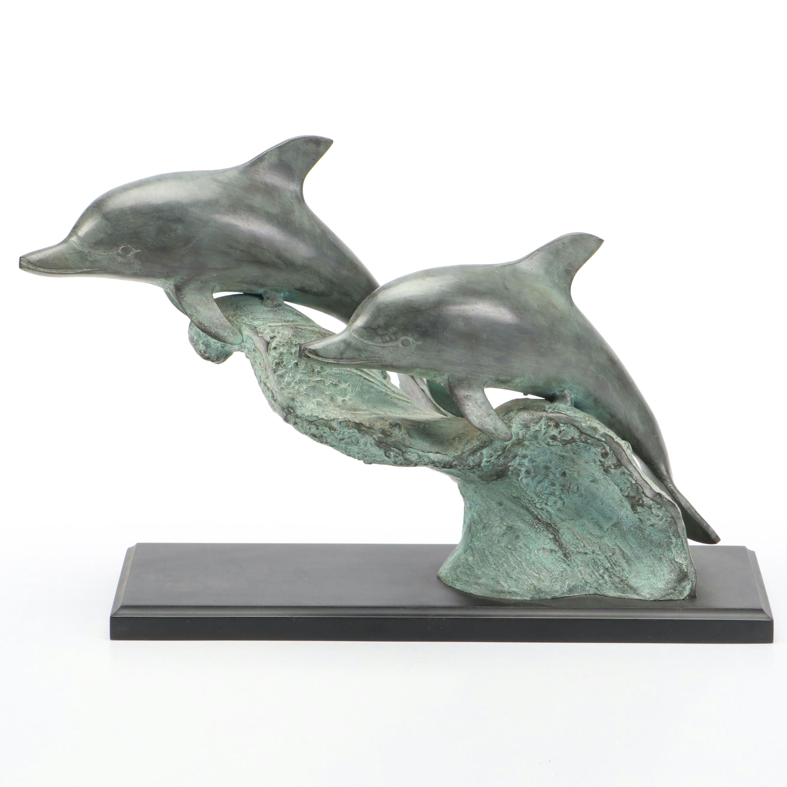 San Pacific International Metal Dolphins on Wood Base