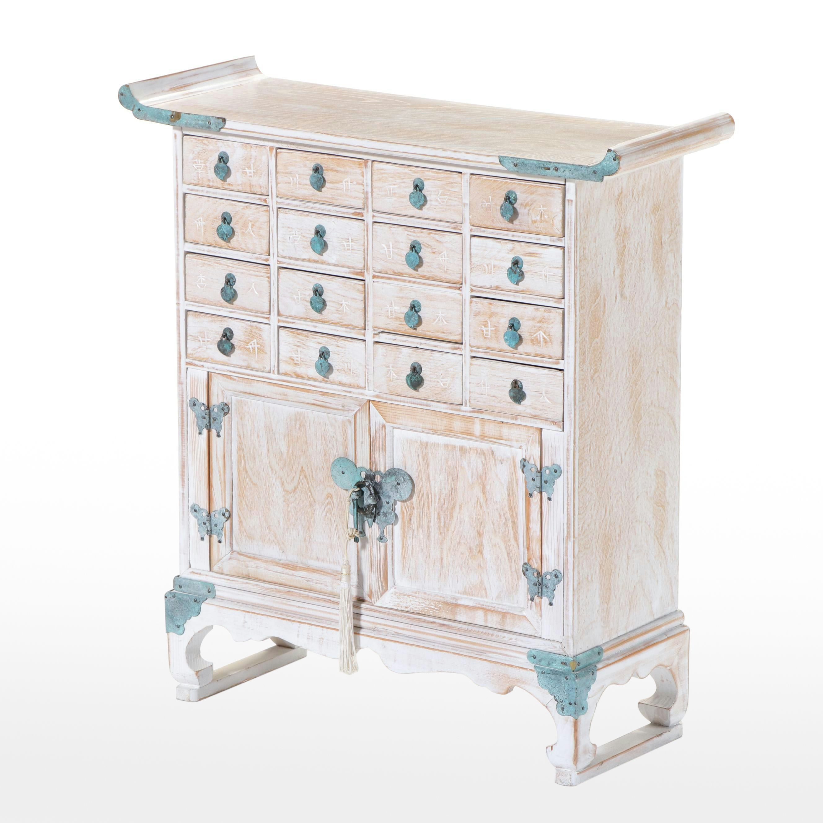 Korean Cerused Wood and Verdigris-Patinated Metal Apothecary Cabinet
