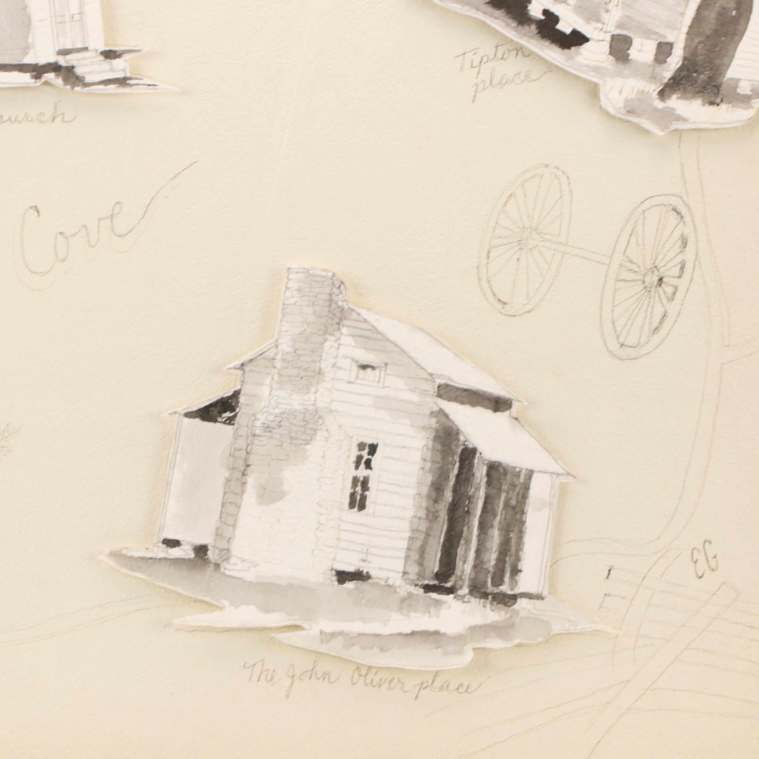 3D Pen and Ink Drawing "Cades Cove," Late 20th Century