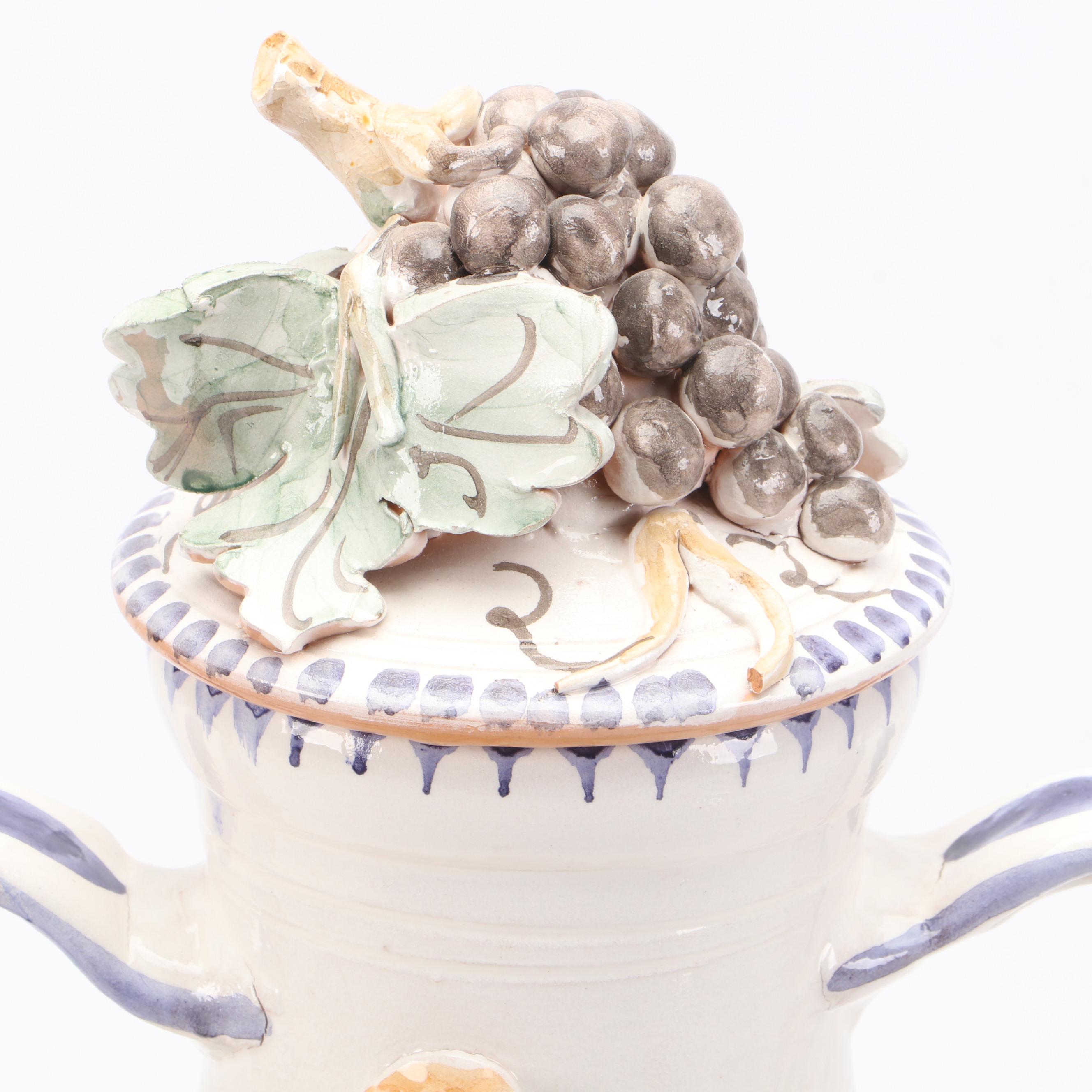Italian Style Majolica Drink Dispenser with Hand-Built Grapevine Accents