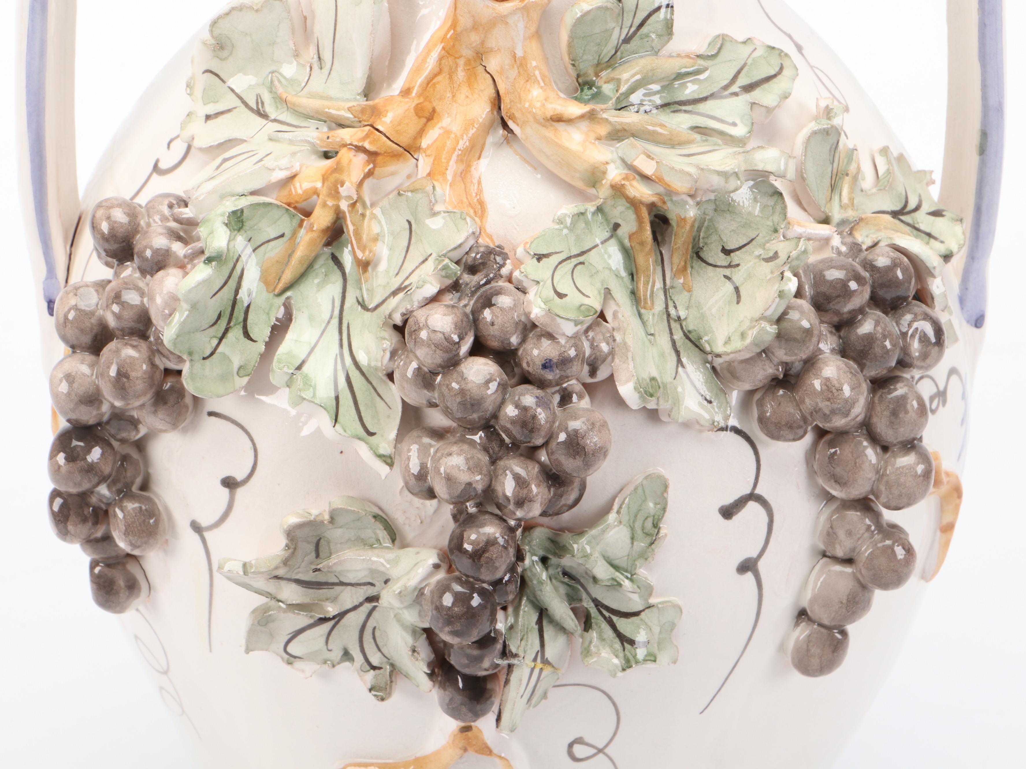 Italian Style Majolica Drink Dispenser with Hand-Built Grapevine Accents