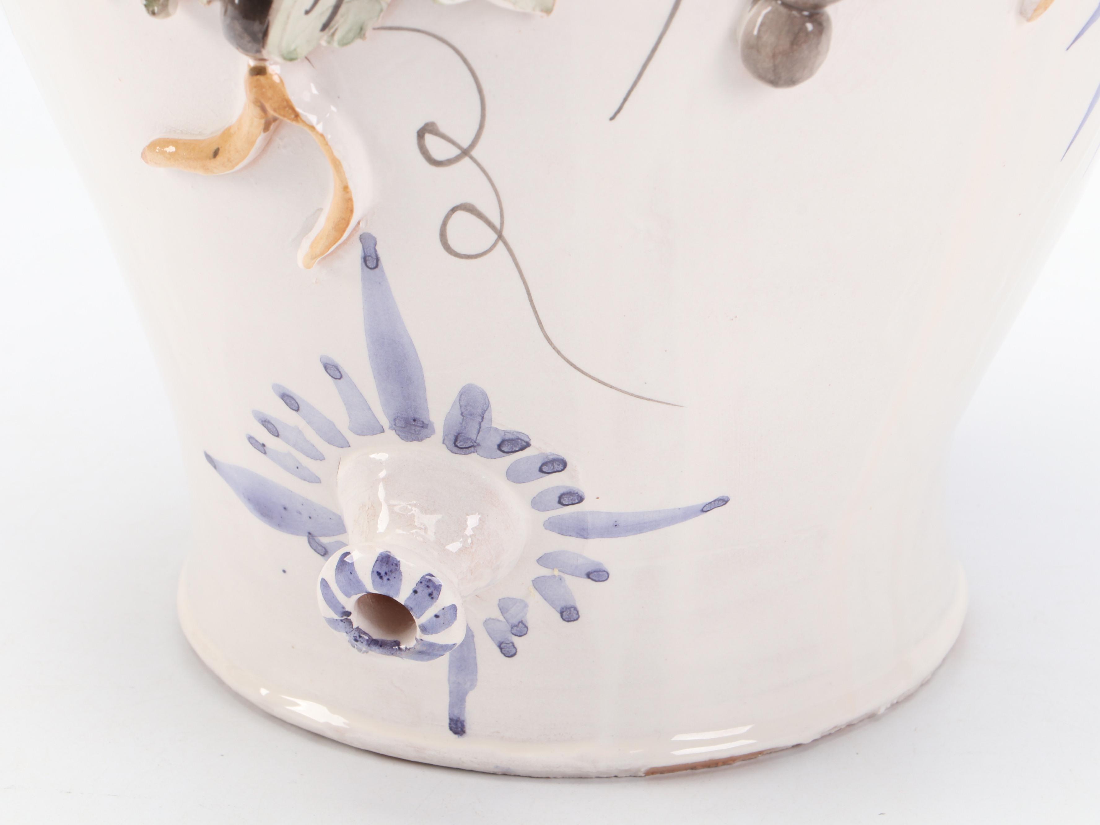 Italian Style Majolica Drink Dispenser with Hand-Built Grapevine Accents