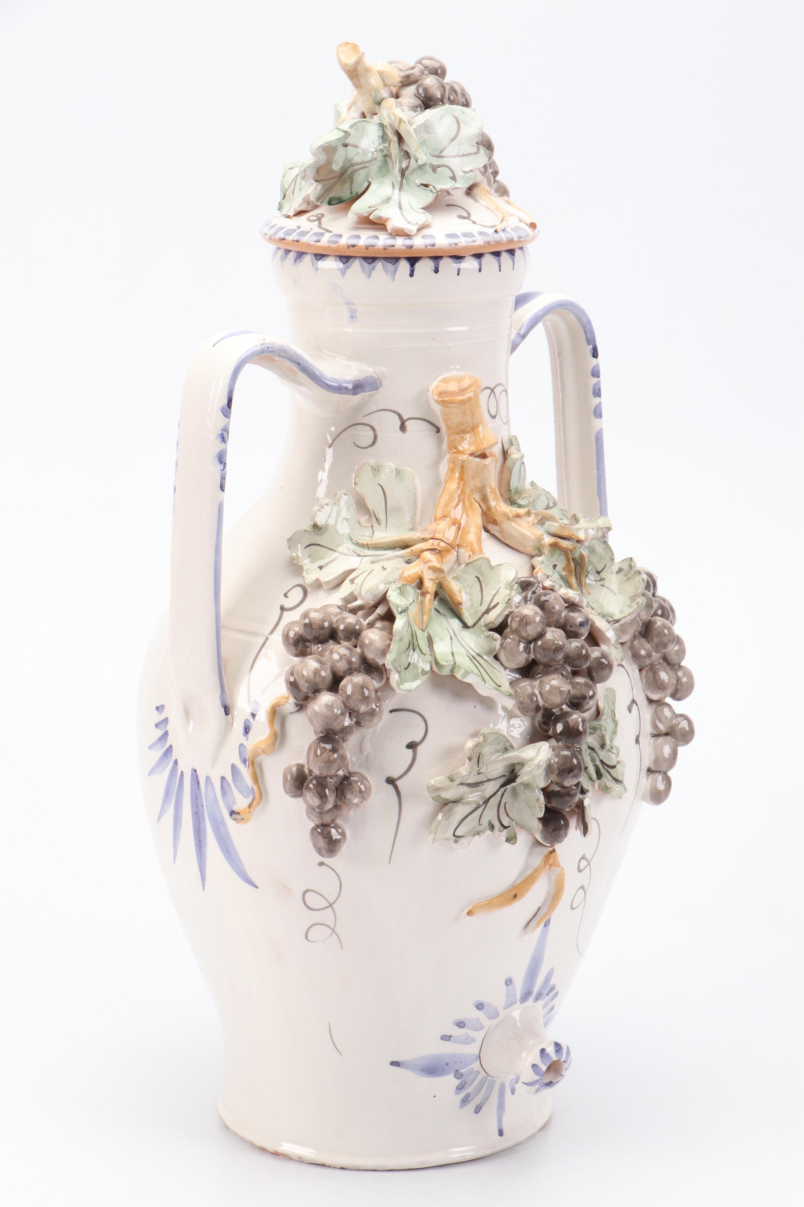Italian Style Majolica Drink Dispenser with Hand-Built Grapevine Accents