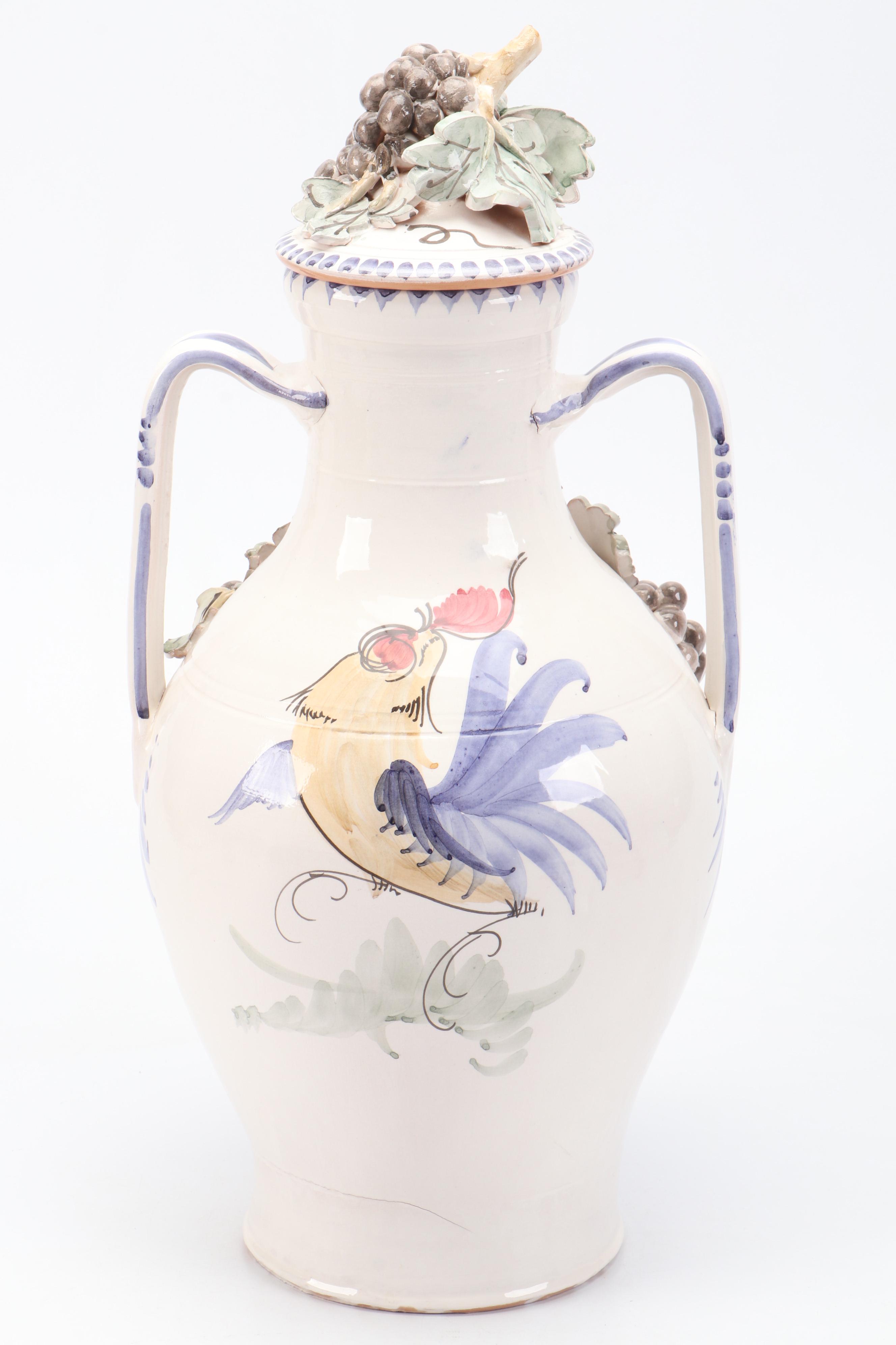 Italian Style Majolica Drink Dispenser with Hand-Built Grapevine Accents