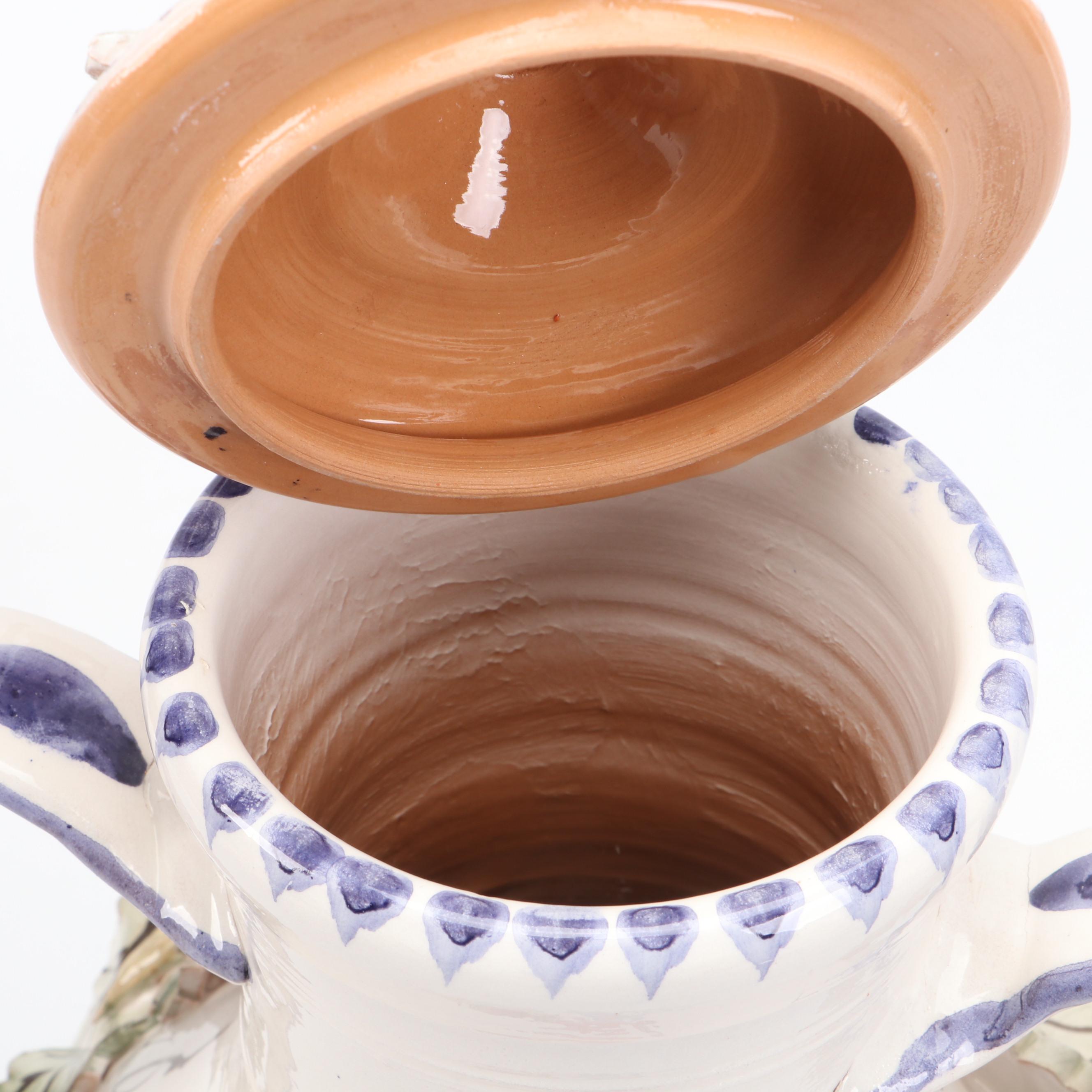 Italian Style Majolica Drink Dispenser with Hand-Built Grapevine Accents