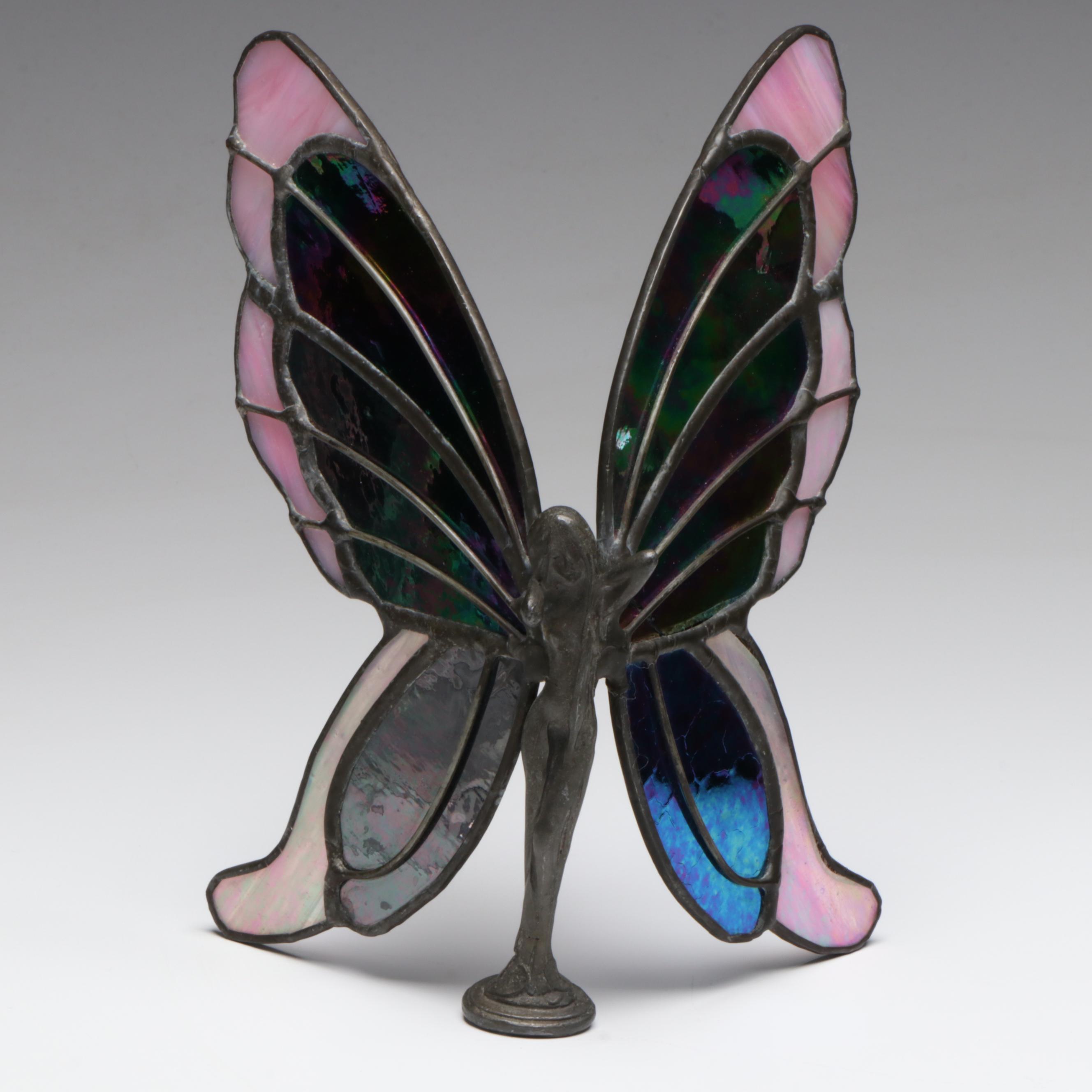 Green Glass Jug with Leaded Slag Glass Floral Accents and Fairy Figurine