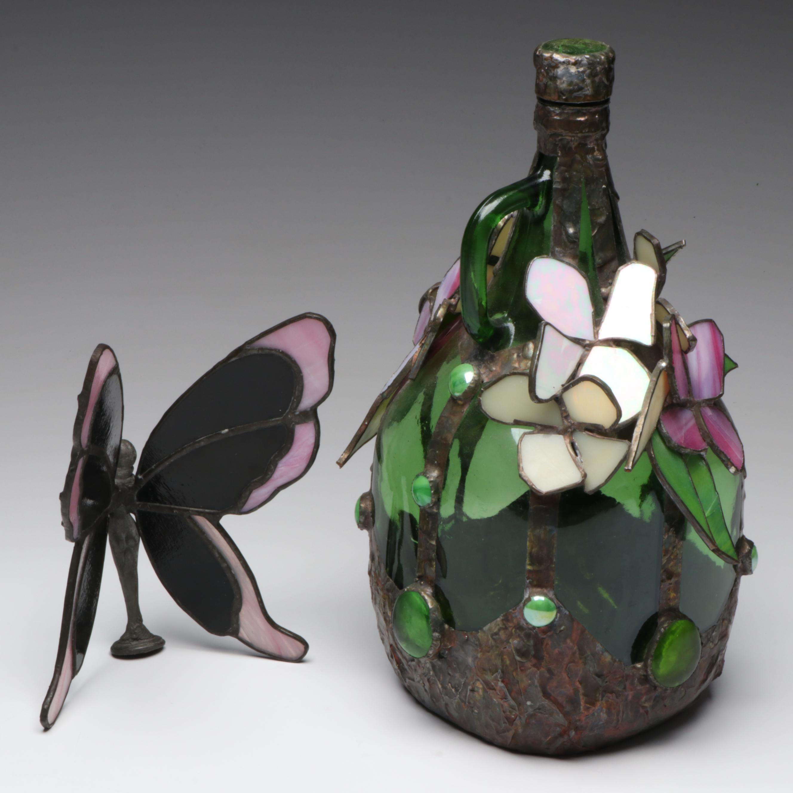 Green Glass Jug with Leaded Slag Glass Floral Accents and Fairy Figurine