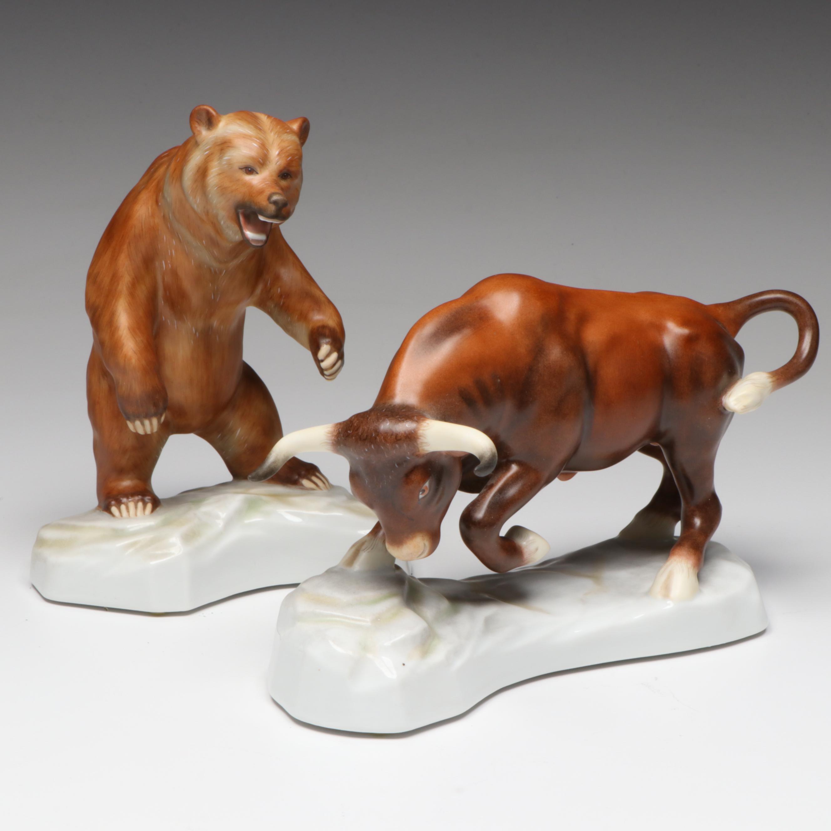 Large Herend "Bear" and "Bull" Porcelain Figures