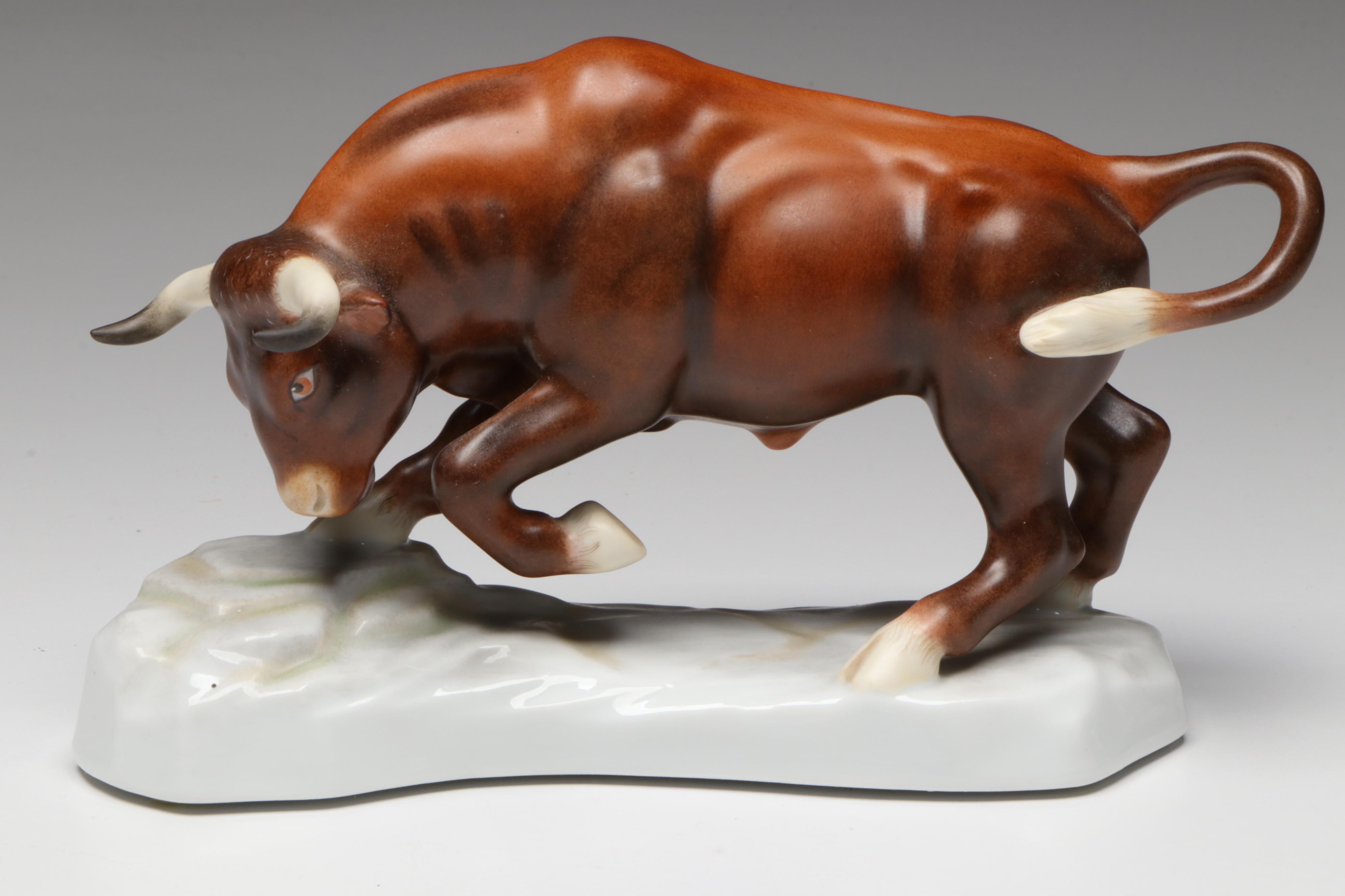 Large Herend "Bear" and "Bull" Porcelain Figures