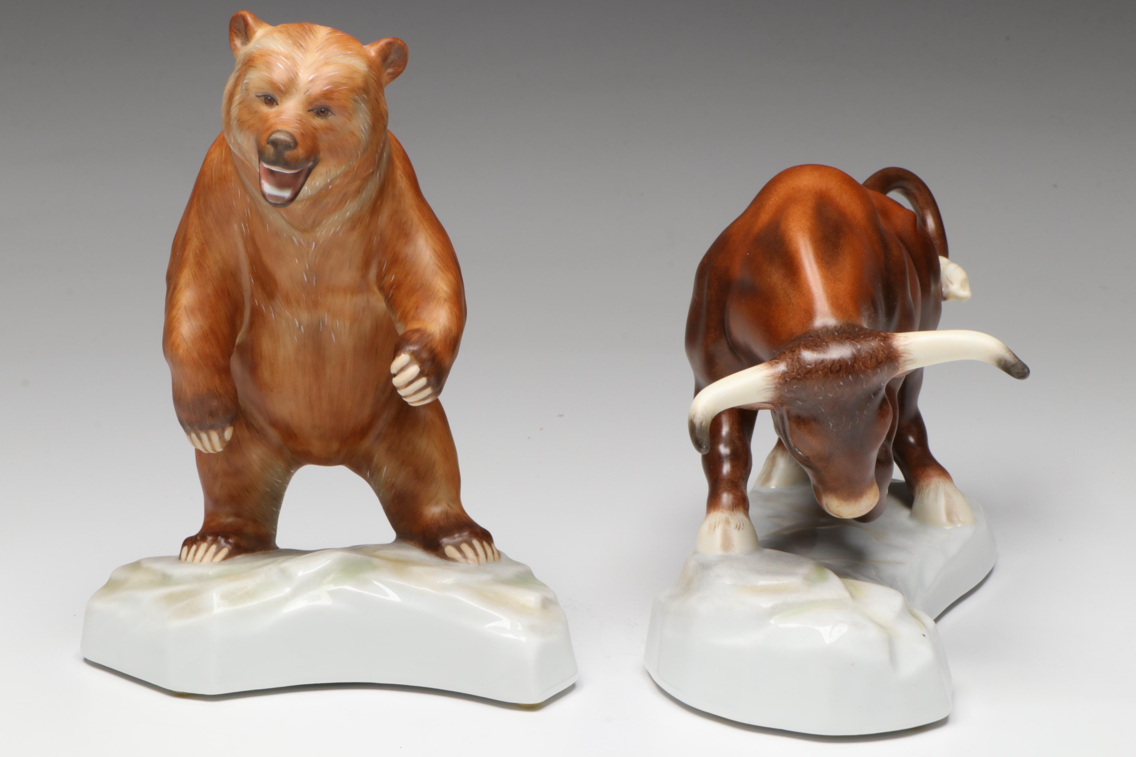 Large Herend "Bear" and "Bull" Porcelain Figures