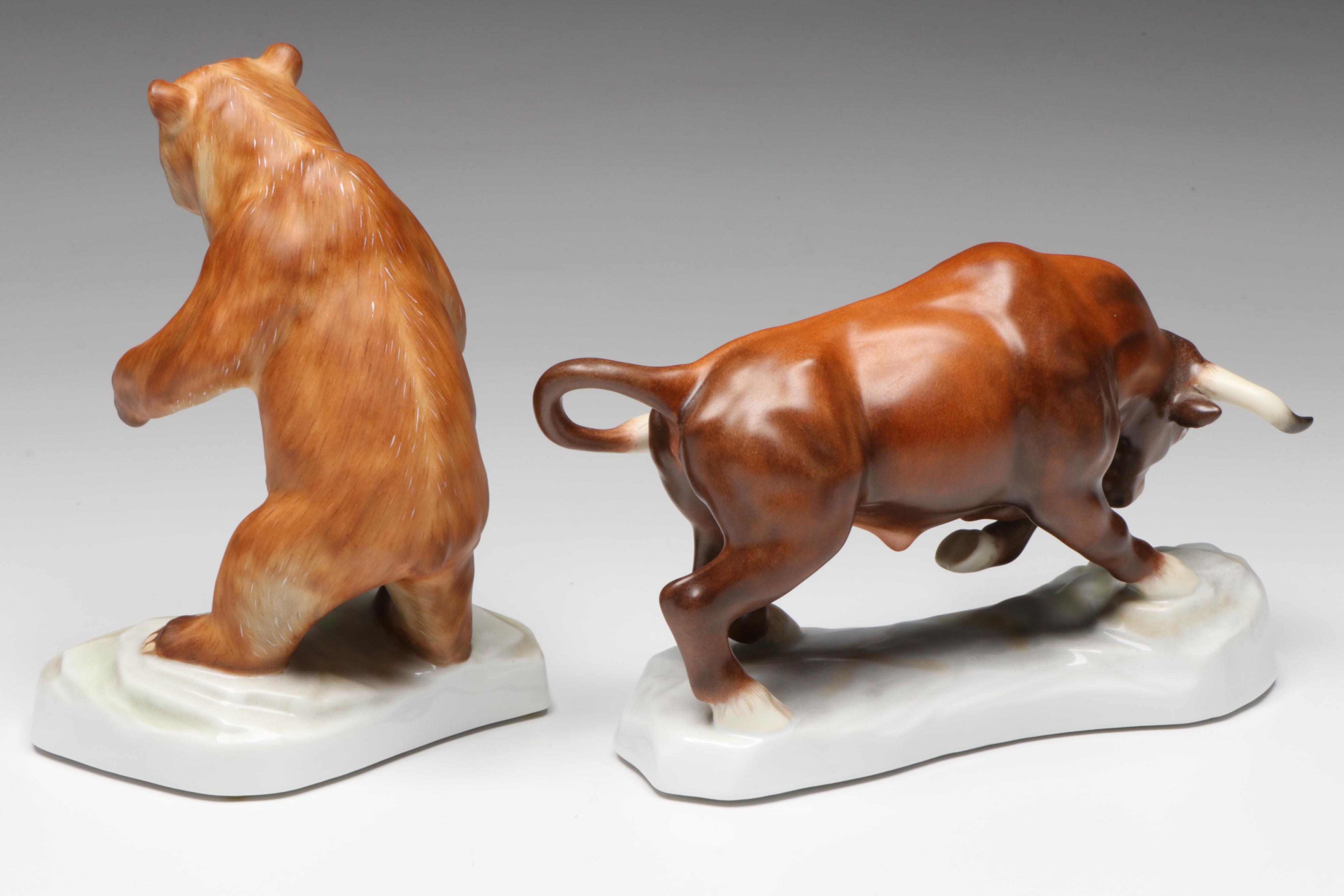 Large Herend "Bear" and "Bull" Porcelain Figures