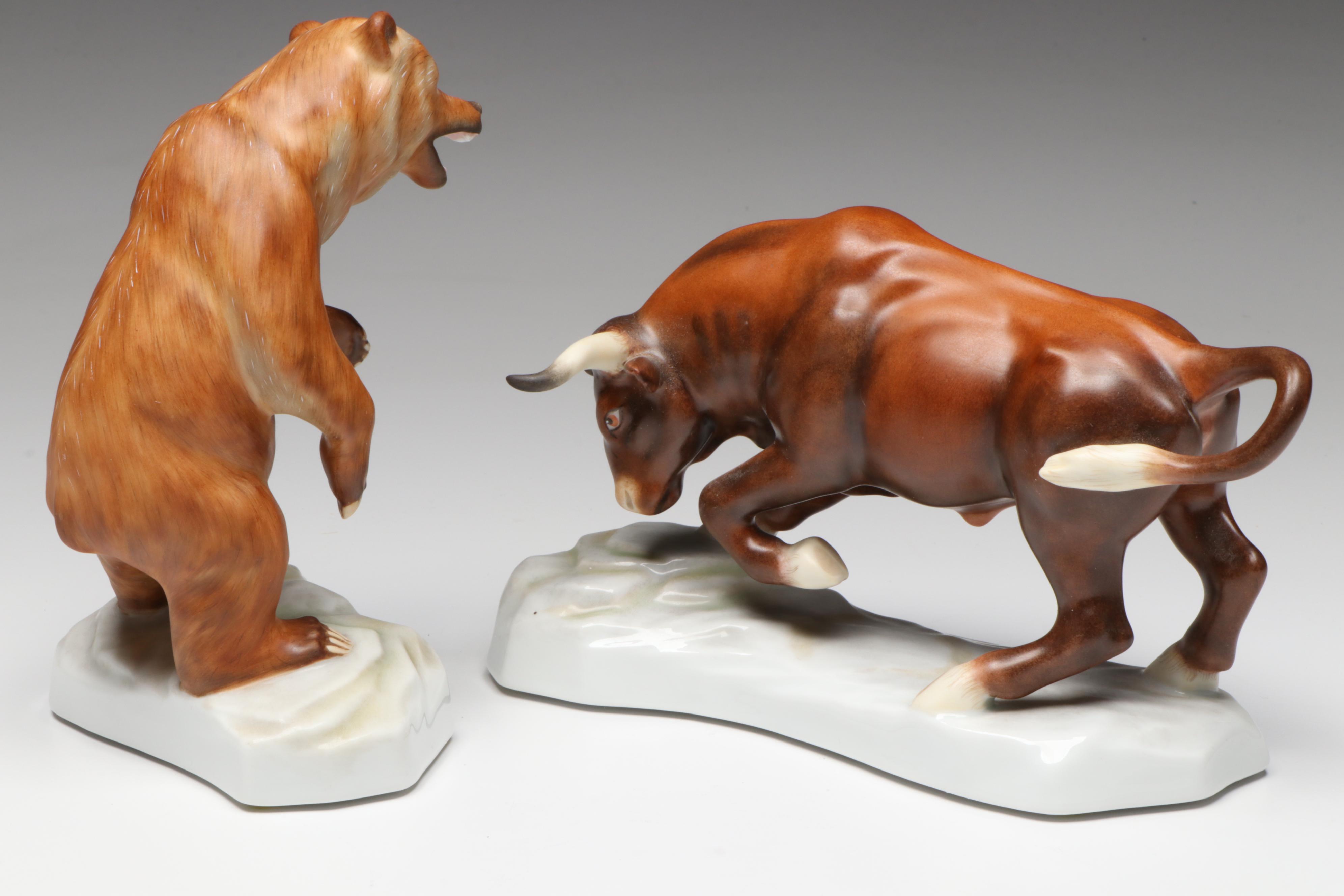 Large Herend "Bear" and "Bull" Porcelain Figures