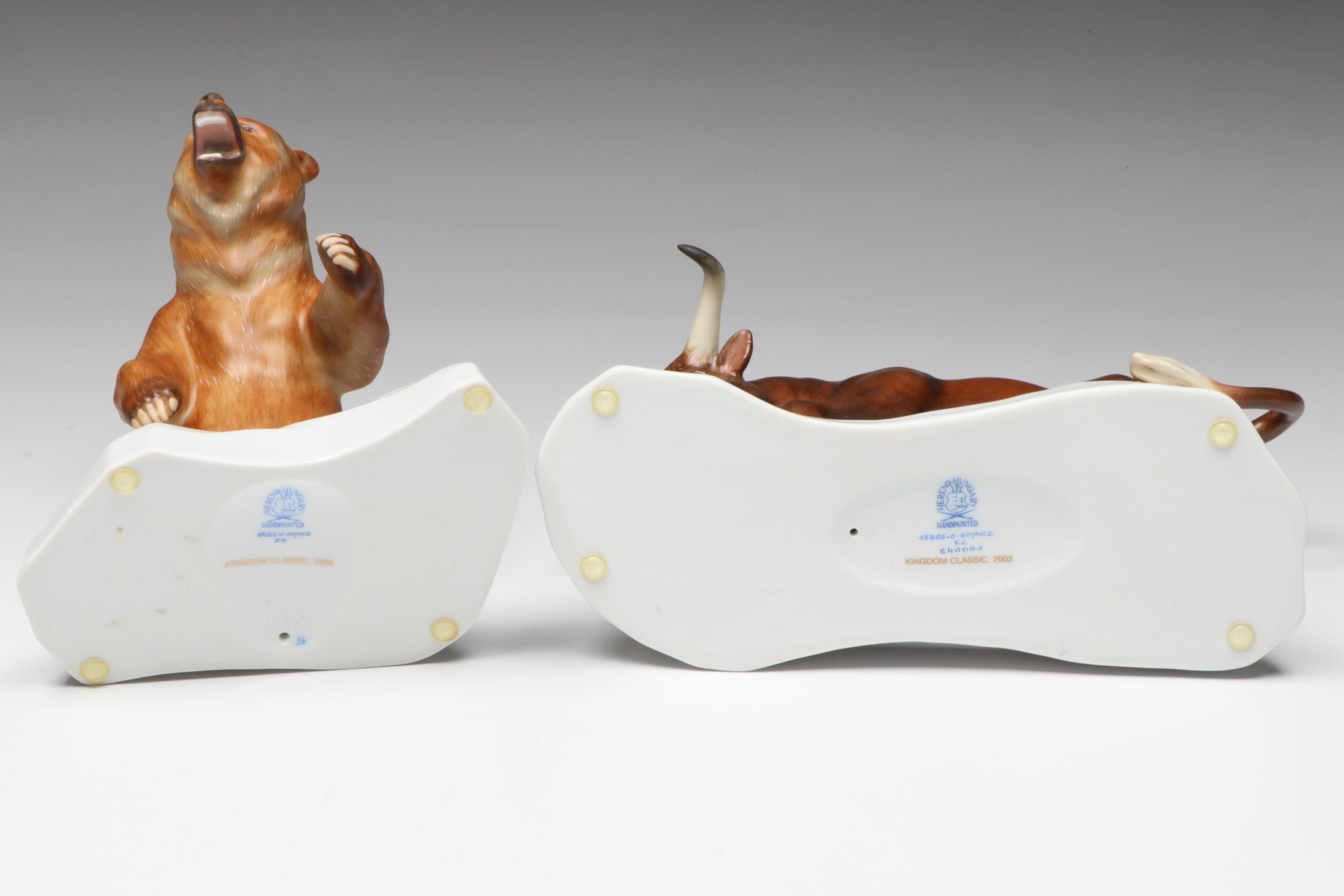 Large Herend "Bear" and "Bull" Porcelain Figures