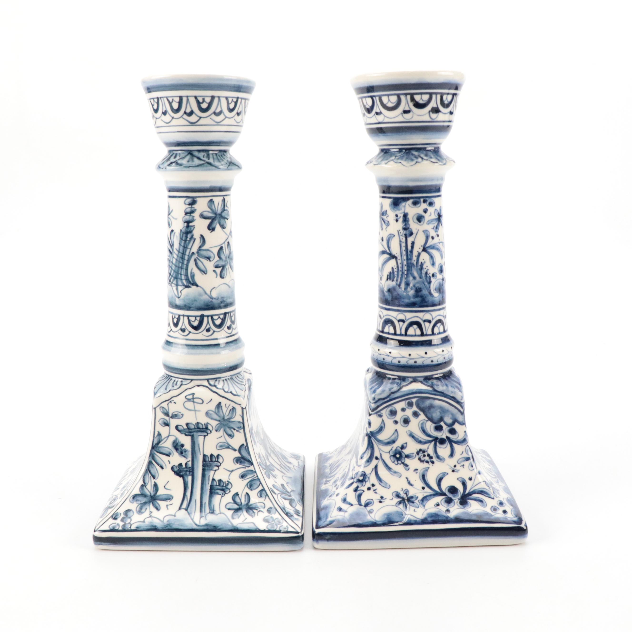 Italian Capodimonte Style Vase with Portuguese Majolica Candlesticks