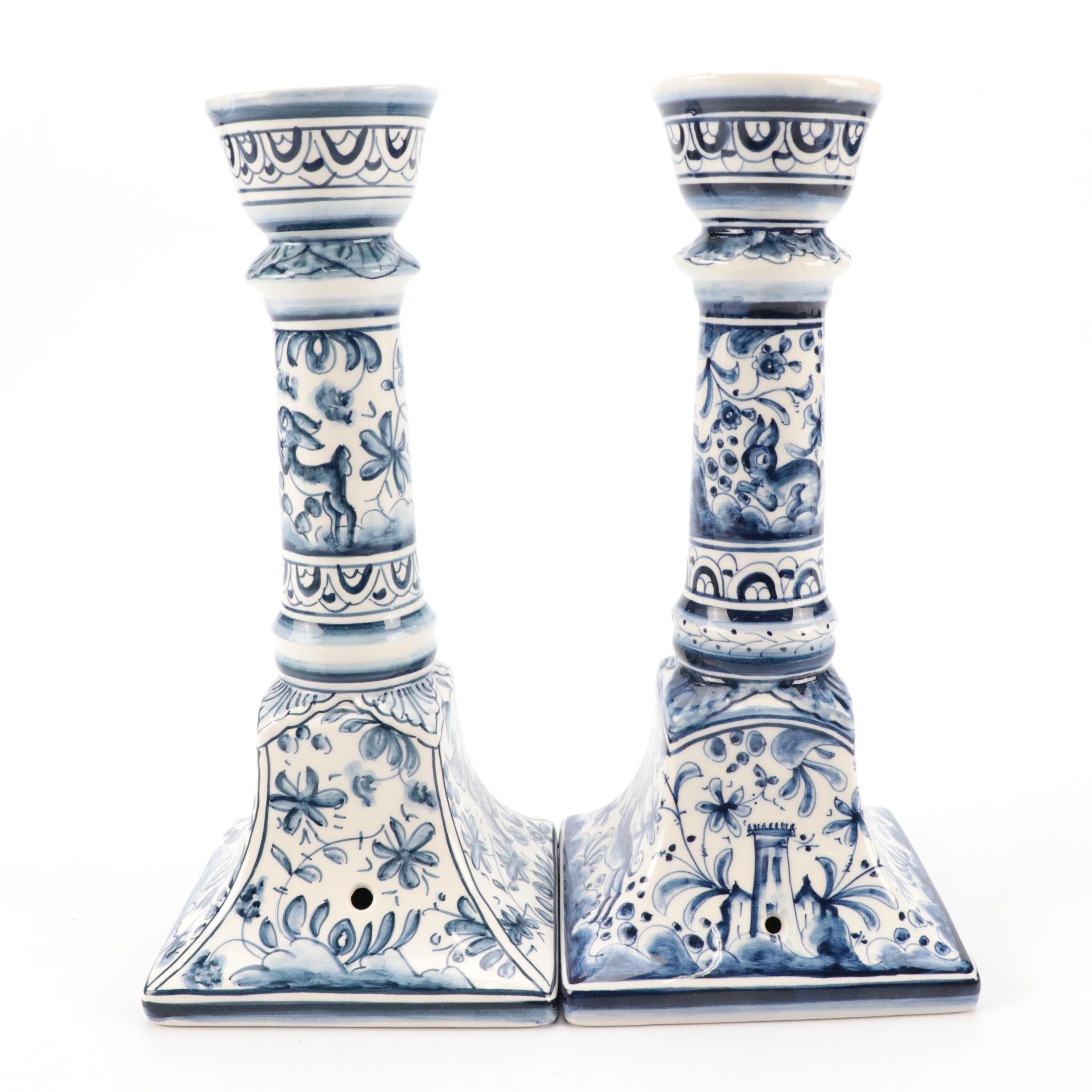 Italian Capodimonte Style Vase with Portuguese Majolica Candlesticks
