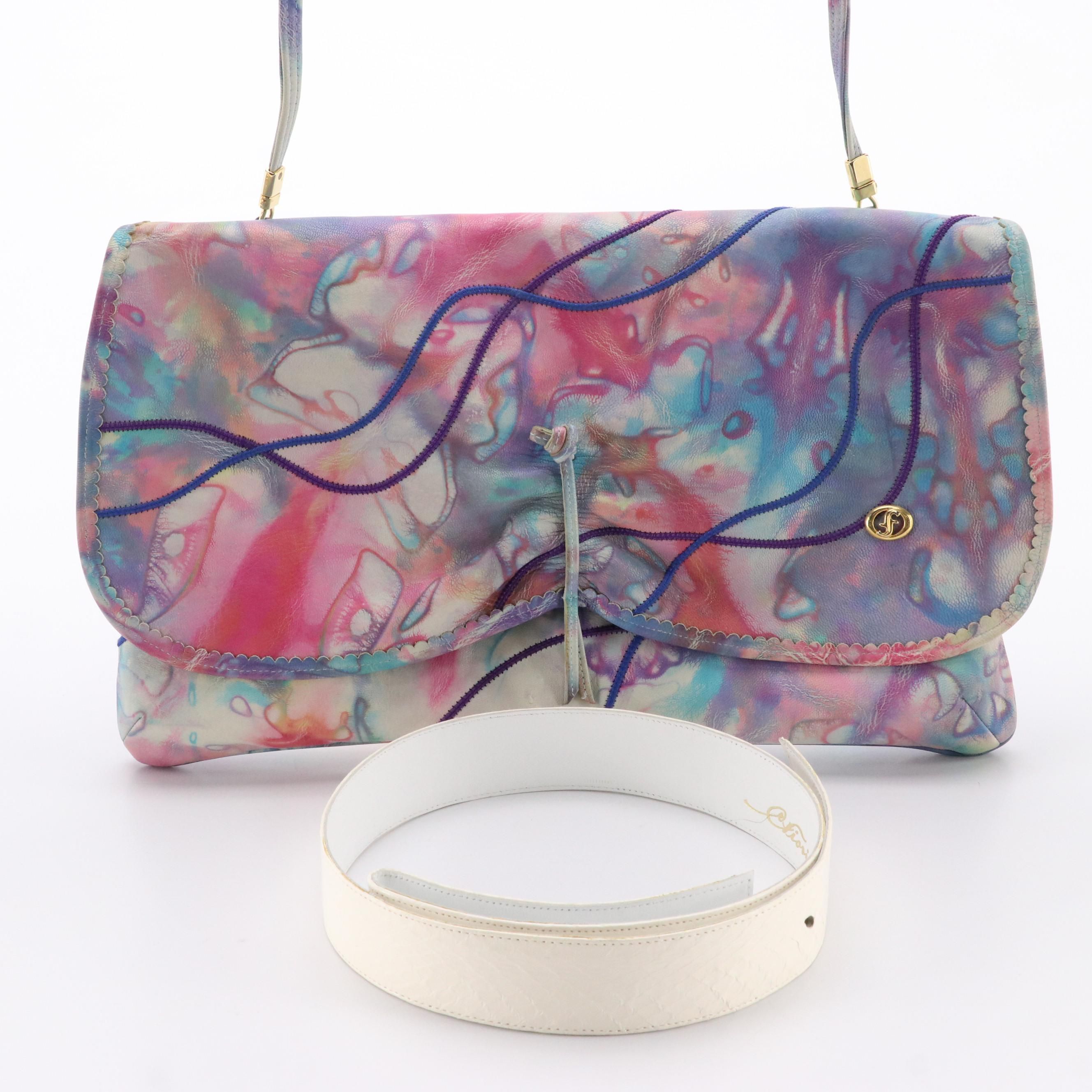 Carlo Fiori Watercolor Marbled Leather Clutch Bag & White Snakeskin Leather Belt