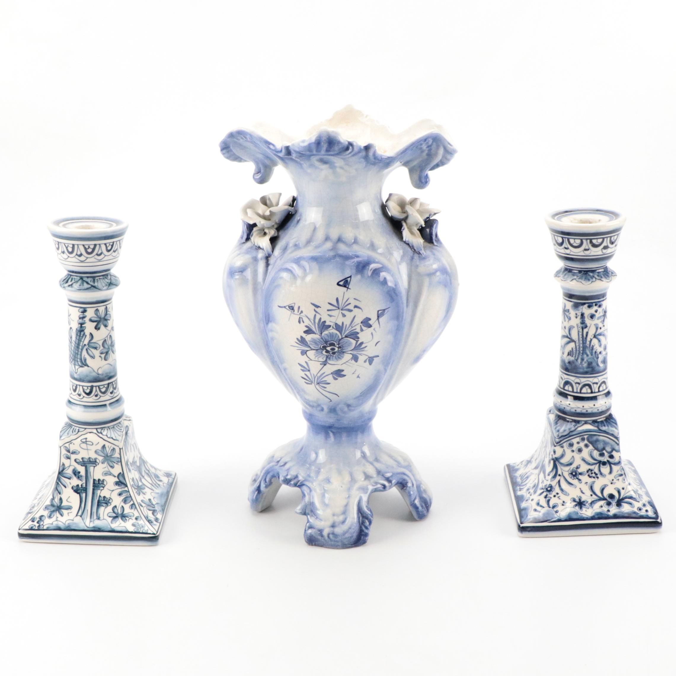 Italian Capodimonte Style Vase with Portuguese Majolica Candlesticks