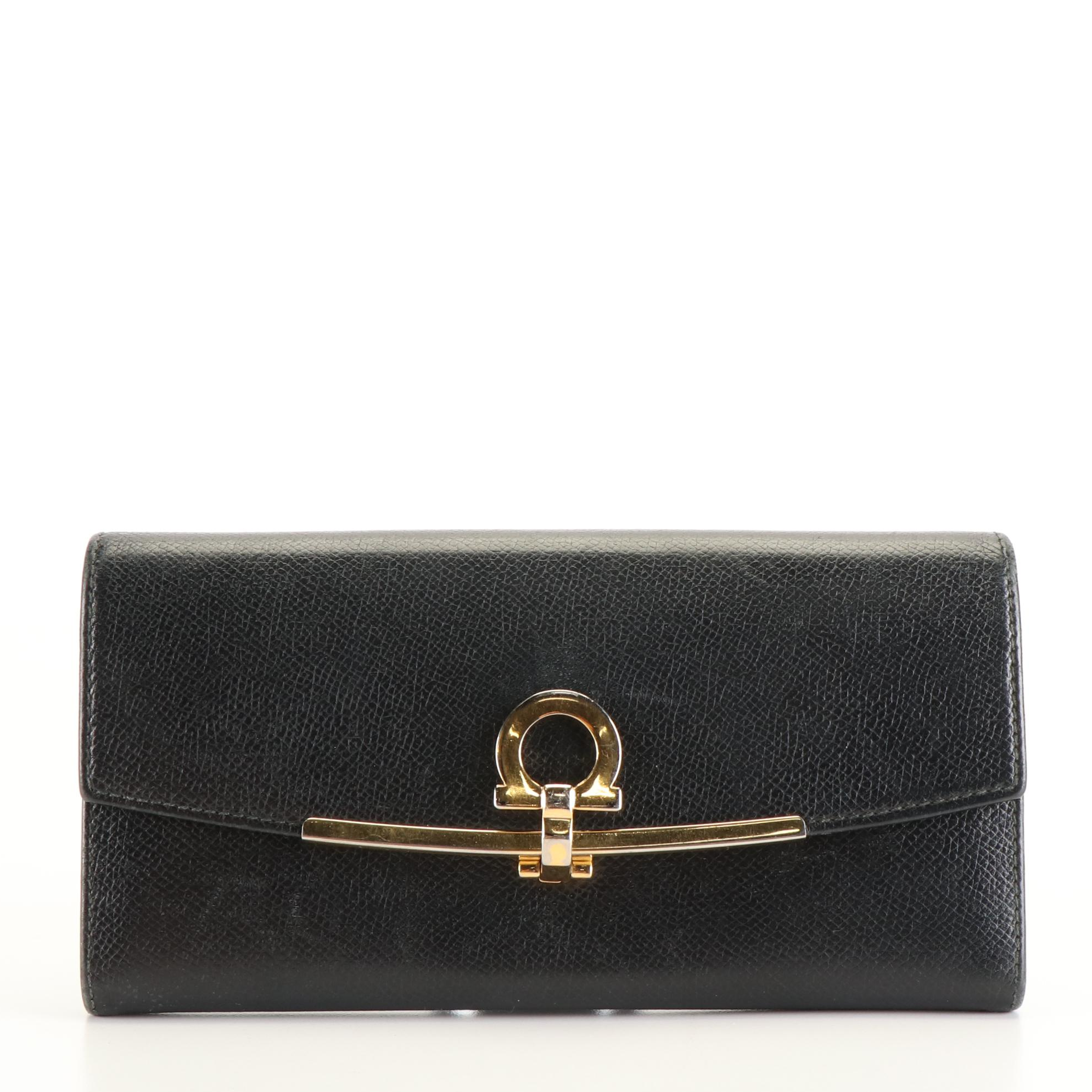 Salvatore Ferragamo Gancini Continental Wallet in Black Leather