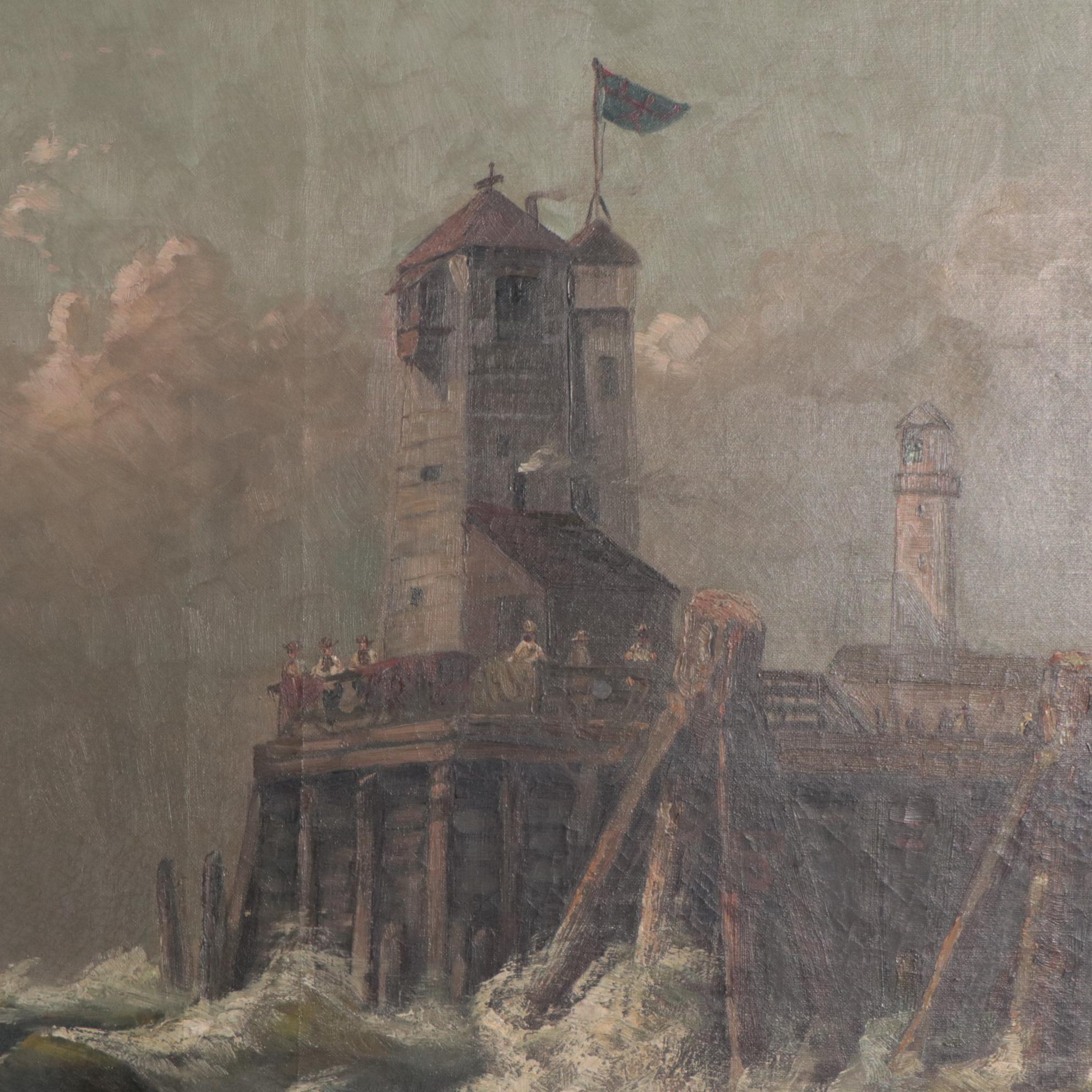 M.R. Johnston Coastal Landscape Oil Painting With Lighthouse