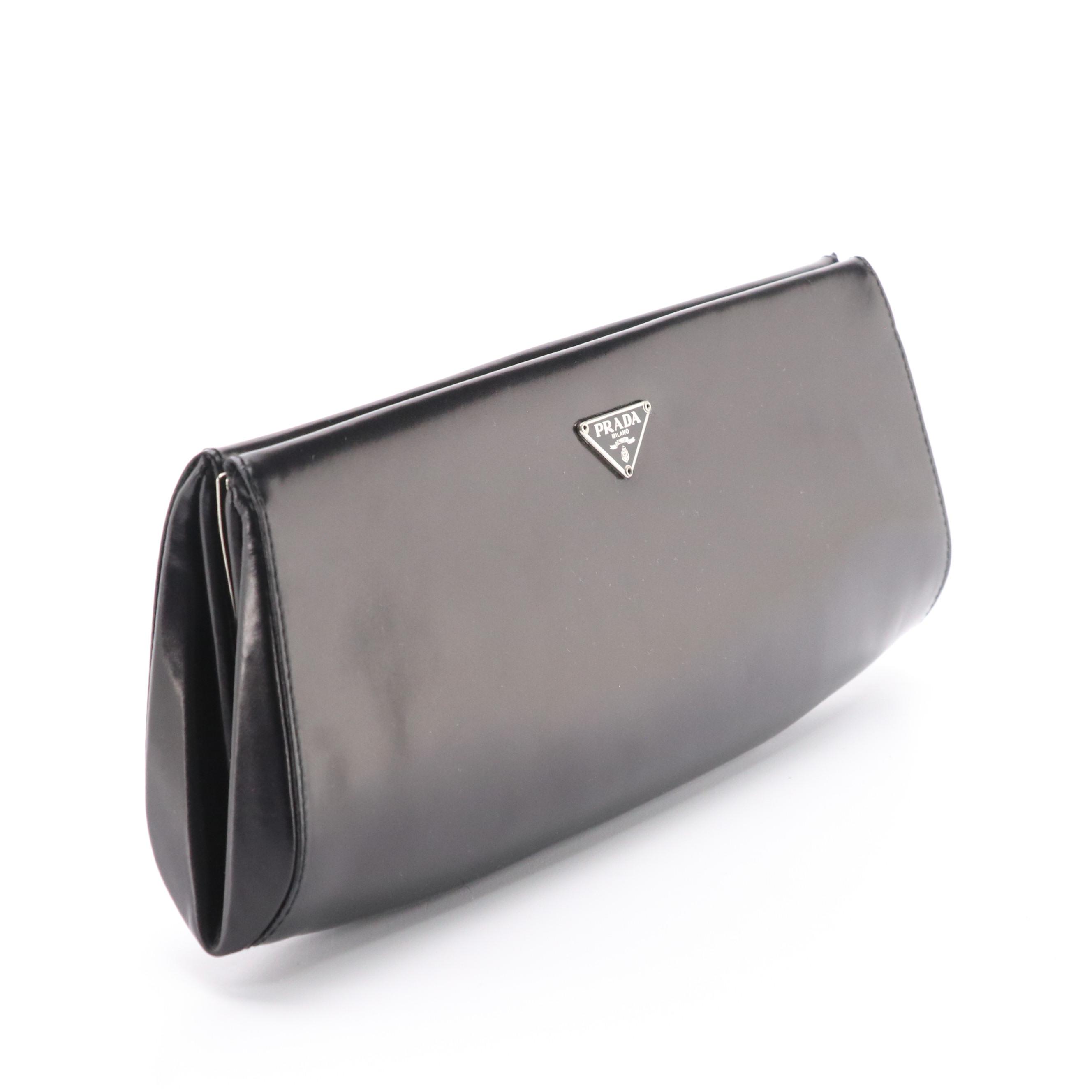 Prada Black Leather Frame Clutch in Box