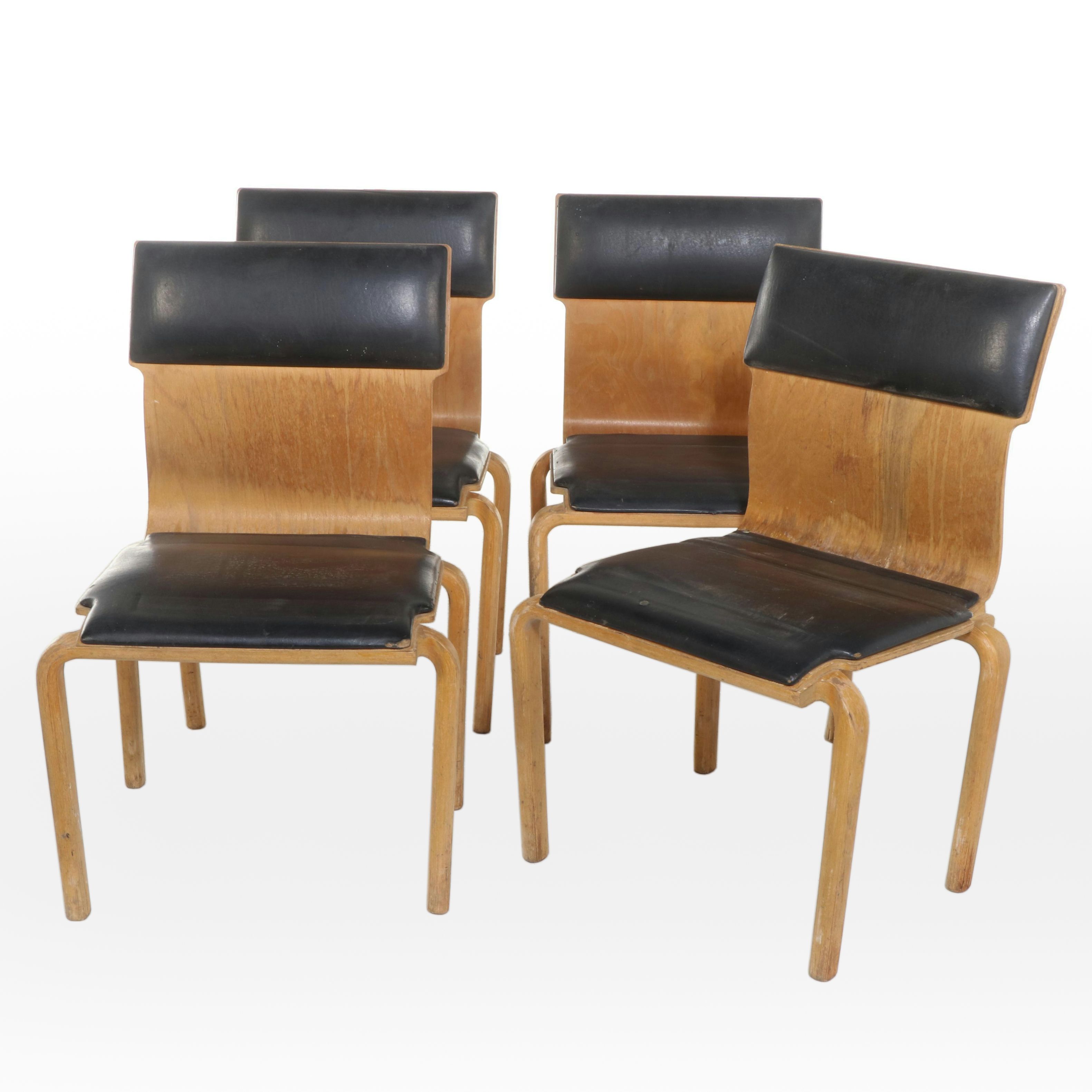 Four Sauder Mid Century Modern Bentwood and Black Vinyl Stacking Side Chairs