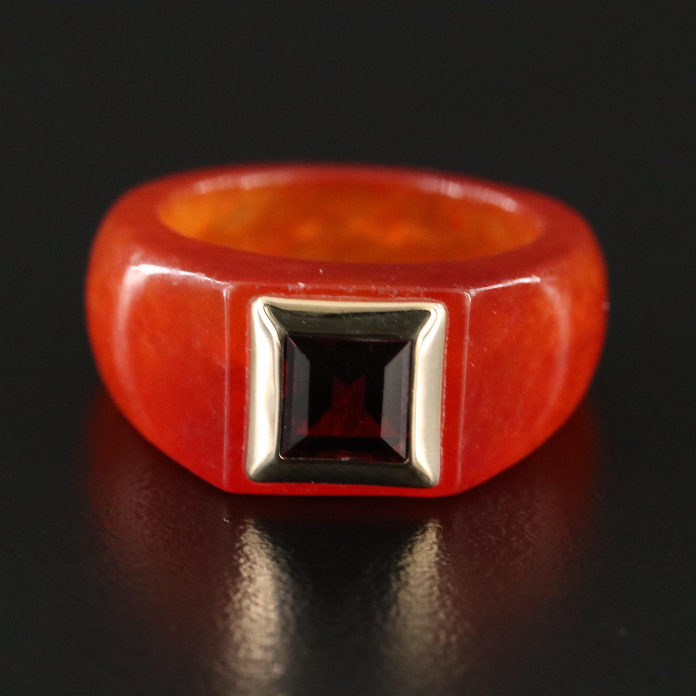 Jadeite Carved Hololith Ring with Garnet and Metal Accents