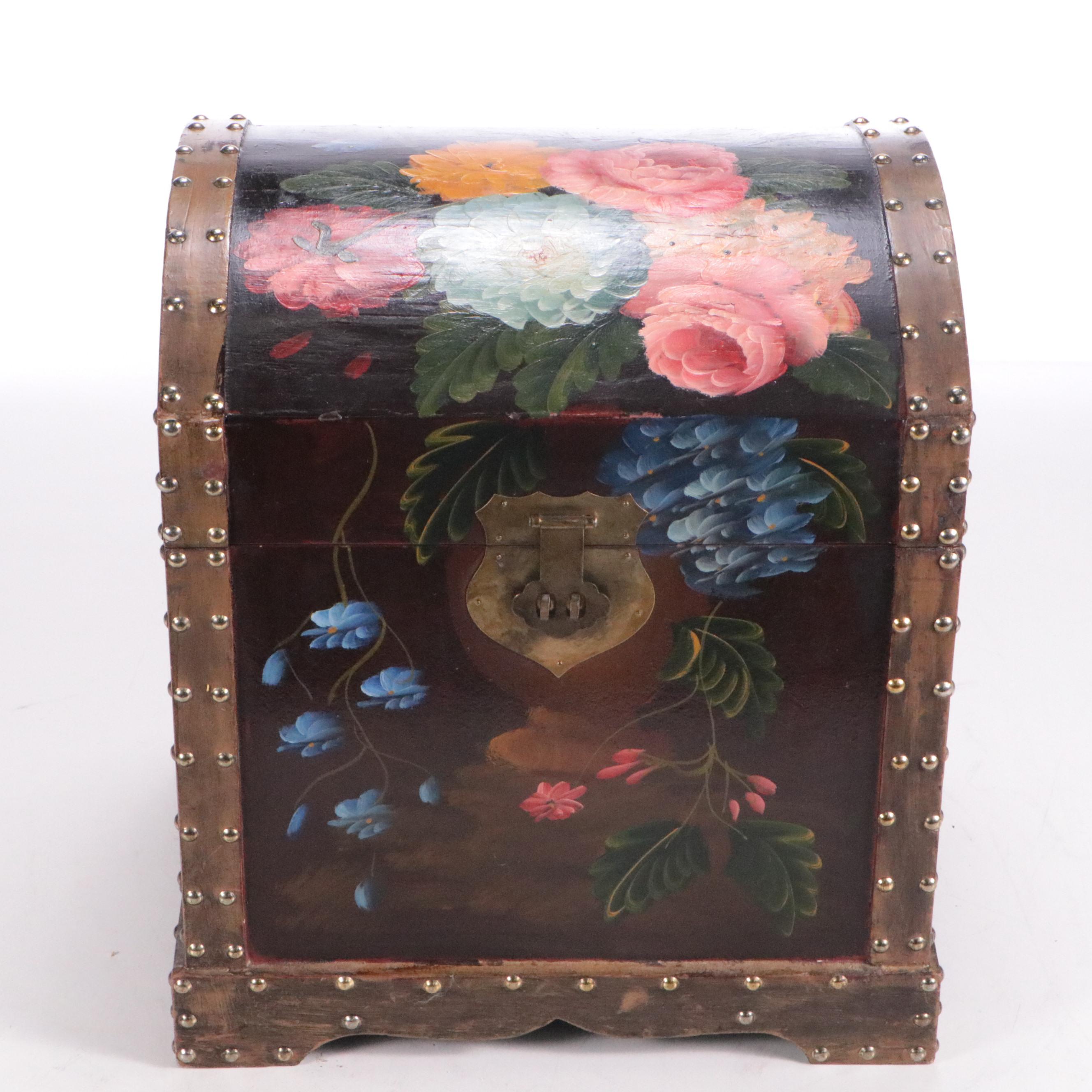 Vintage Dome Top Hand-Painted Floral Decorative Chest