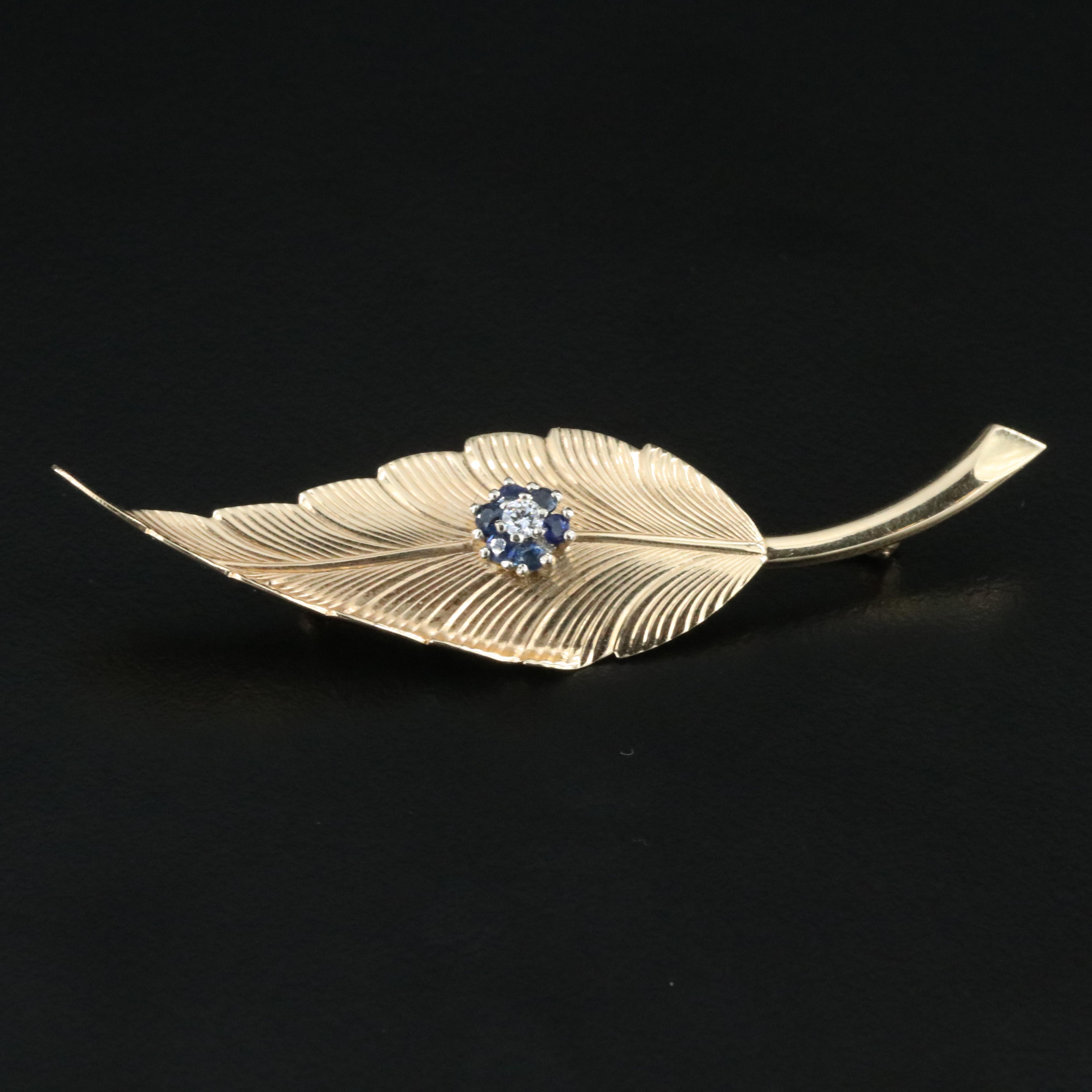 Tiffany & Co. 1960s 14K Sapphire and Diamond Leaf Brooch