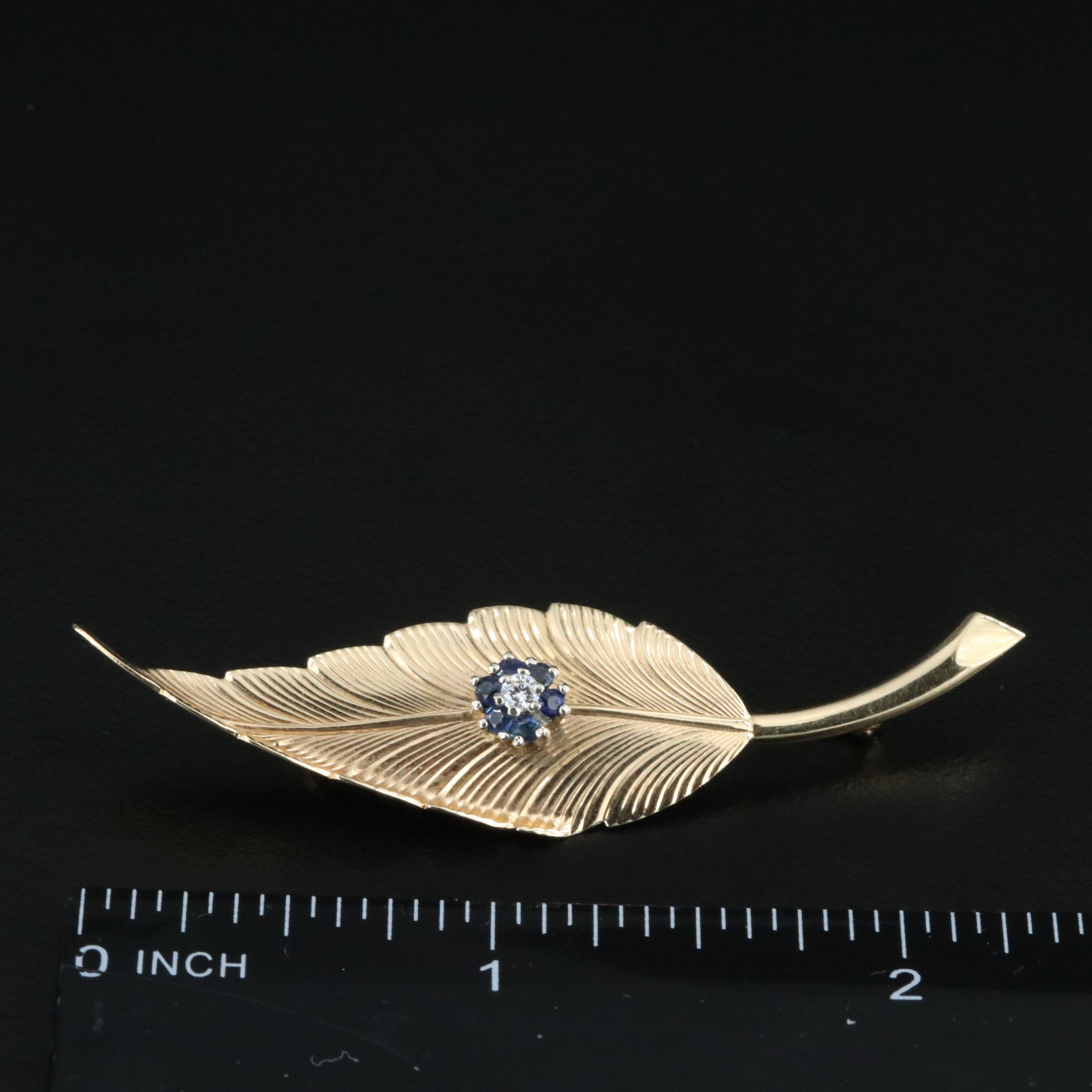 Tiffany & Co. 1960s 14K Sapphire and Diamond Leaf Brooch