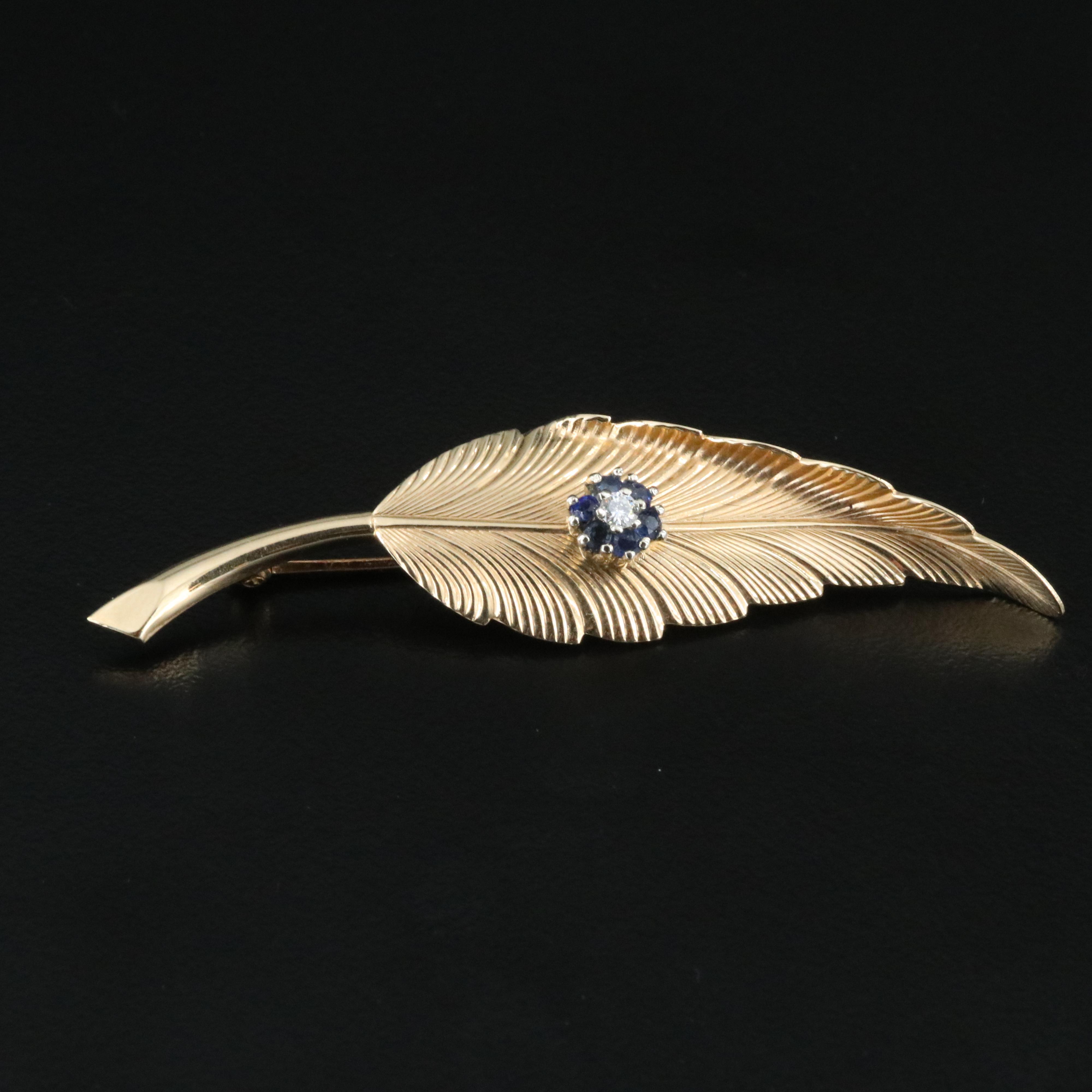 Tiffany & Co. 1960s 14K Sapphire and Diamond Leaf Brooch