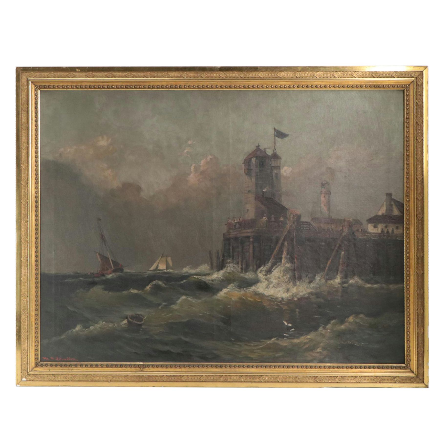 M.R. Johnston Coastal Landscape Oil Painting With Lighthouse