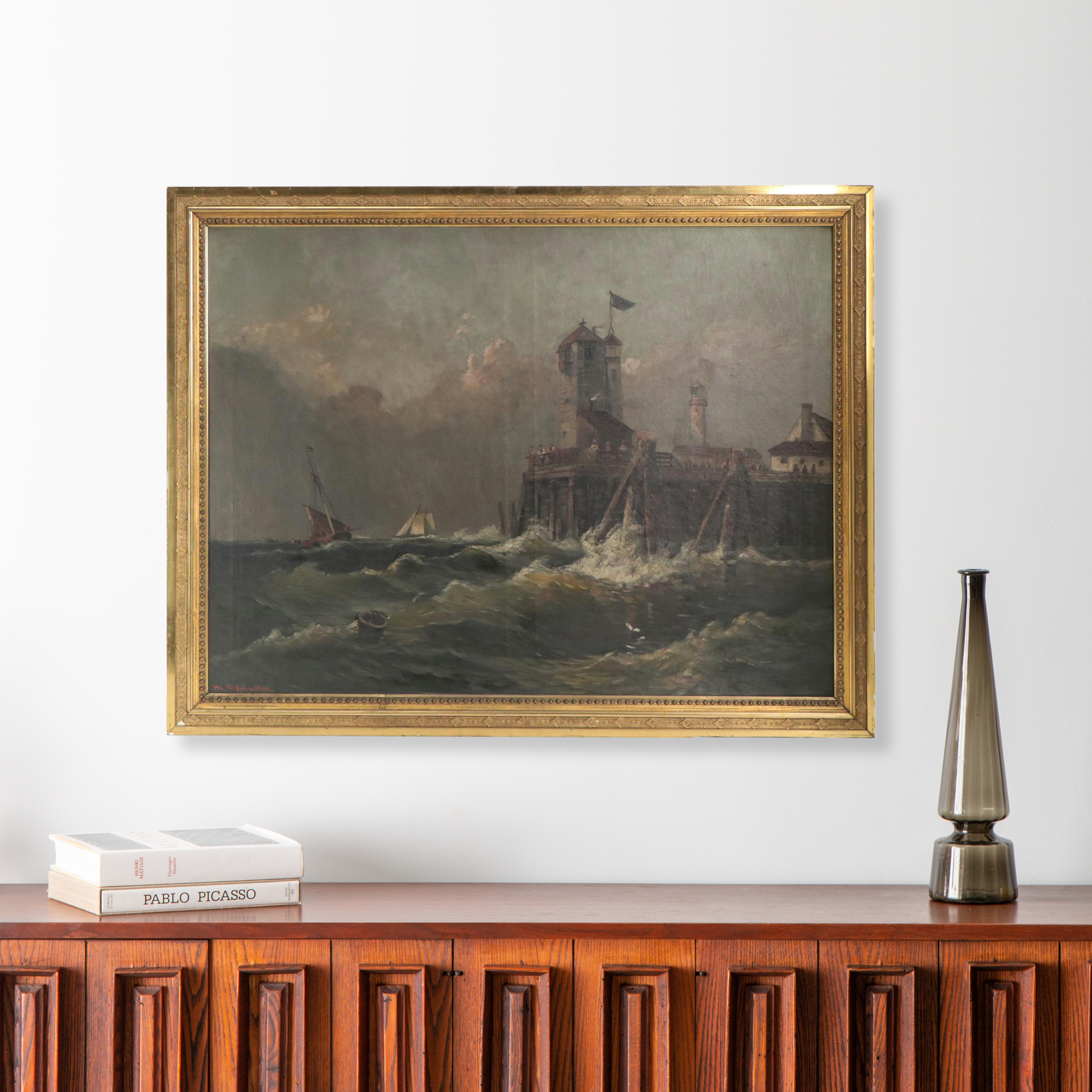 M.R. Johnston Coastal Landscape Oil Painting With Lighthouse